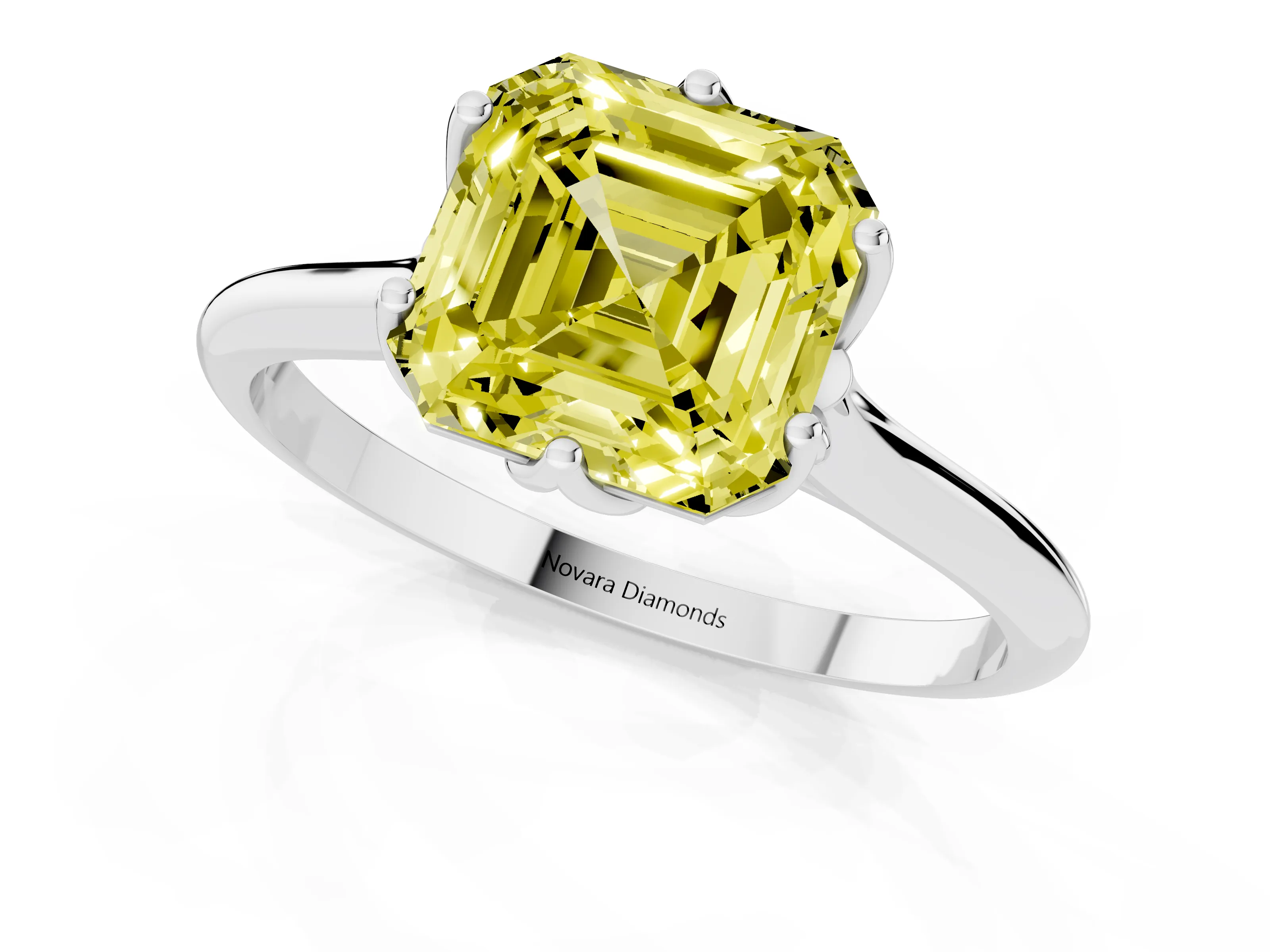 Fancy Yellow Asscher Cut Diamond Solitaire Cathedral Ring Set in Platinum with Prong Setting