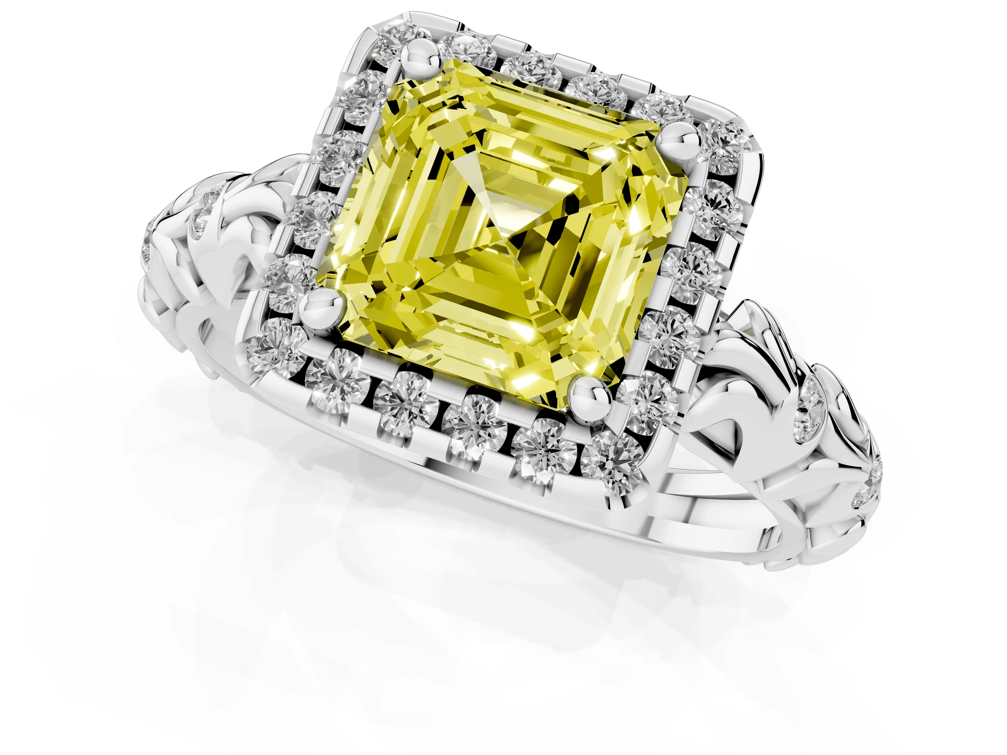 Fancy Yellow Asscher Cut Diamond Halo Ring Set in Platinum with Filigree Leaf Band and Prong Setting