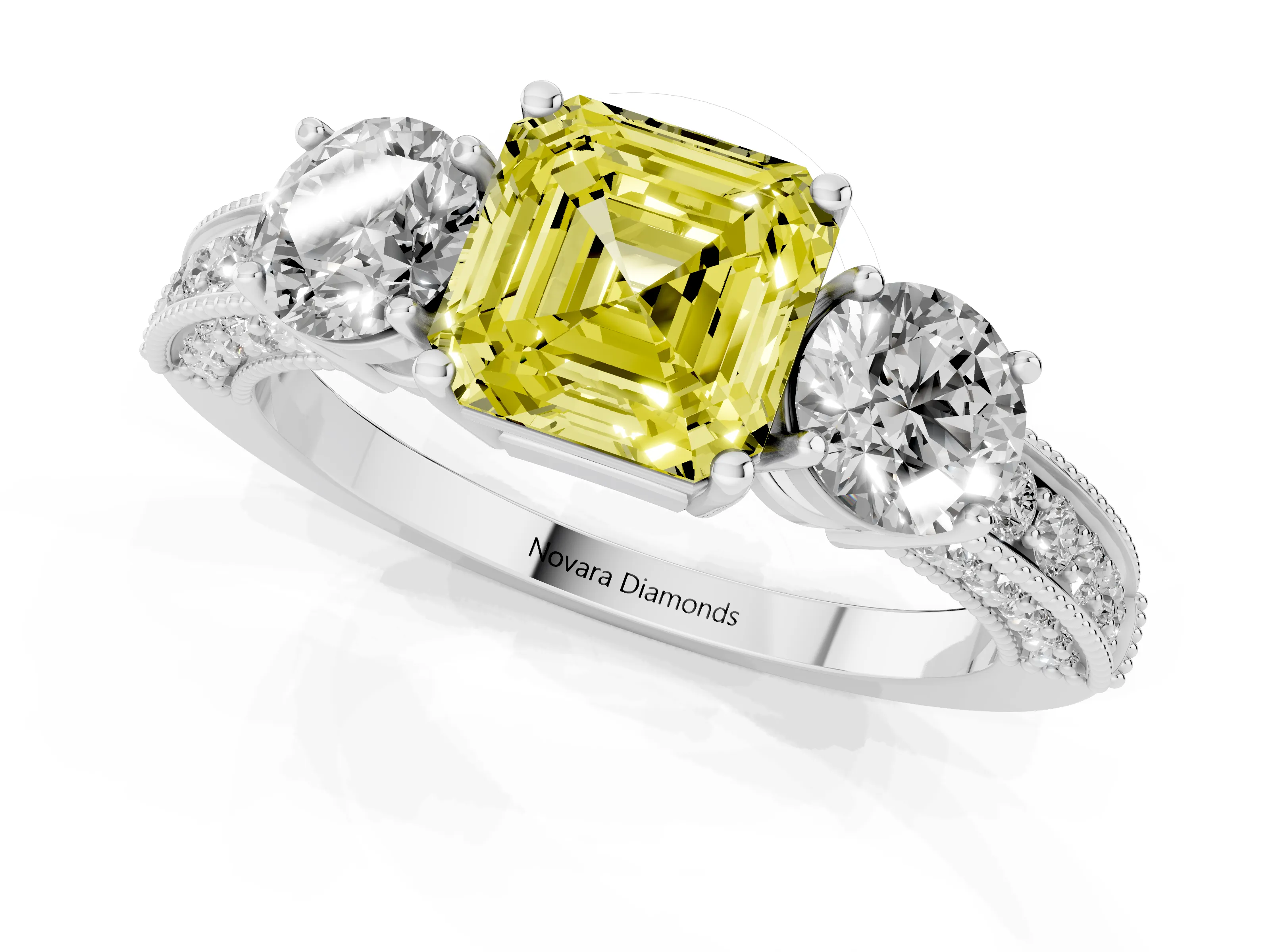 Fancy Yellow Asscher Cut Diamond Three-Stone Ring Set in White gold with Round Side Stones and Pavé Band