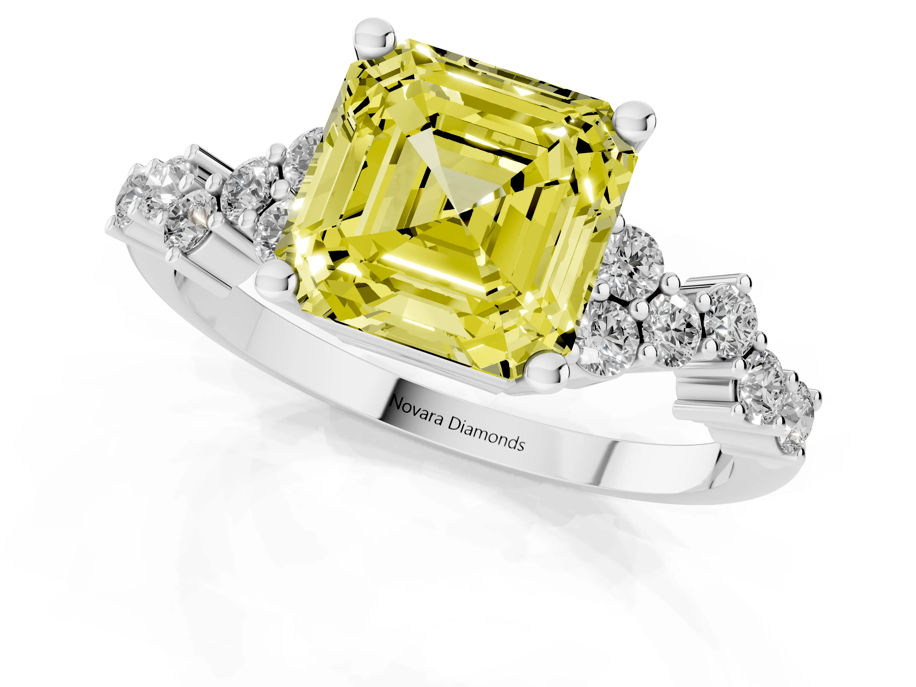 Fancy Yellow Asscher Cut Diamond Ring Set in Platinum with Scattered Round Accents