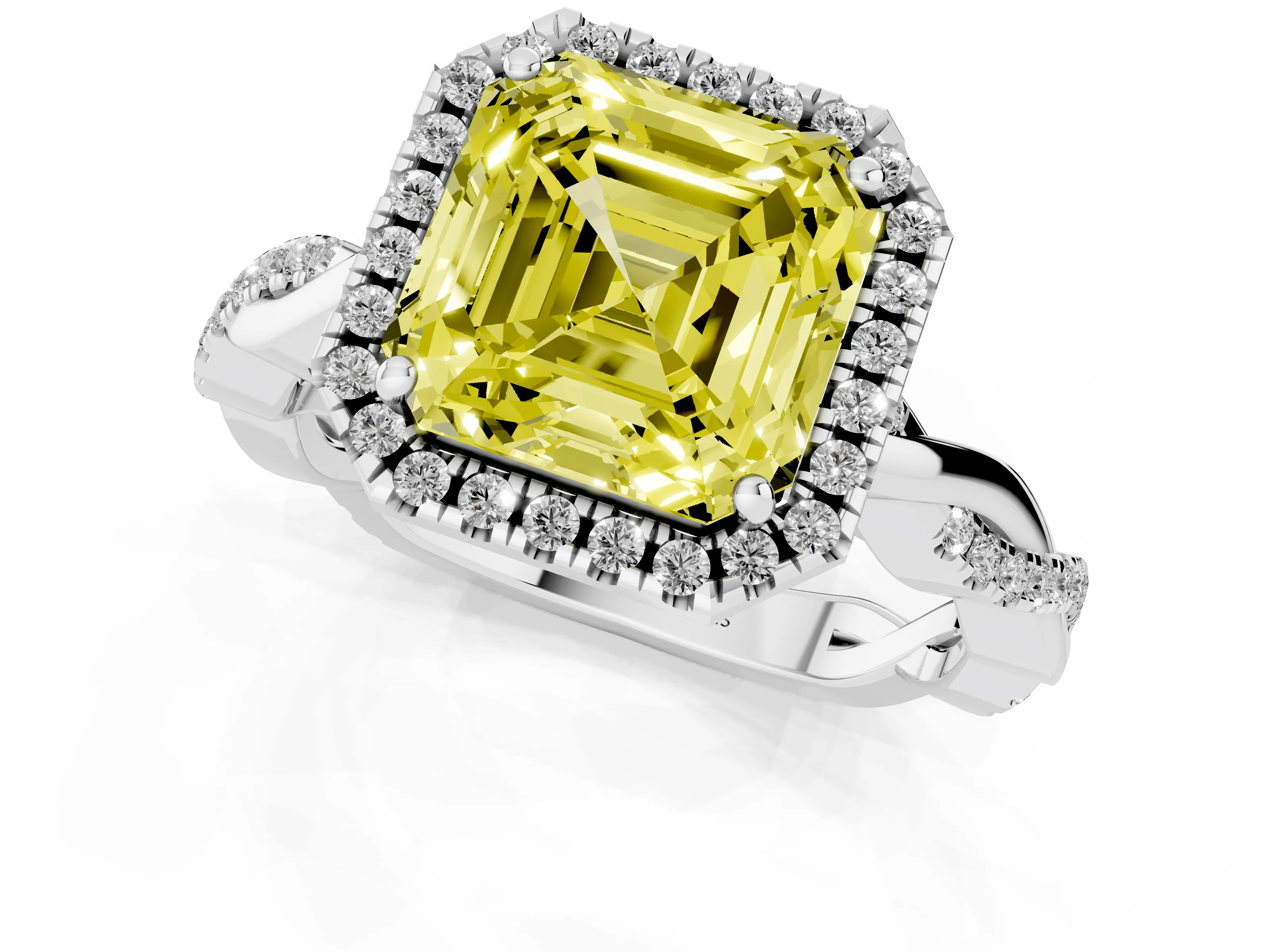 Fancy Yellow Asscher Cut Diamond Halo Twisted Band Ring Set in Platinum with Prong Setting