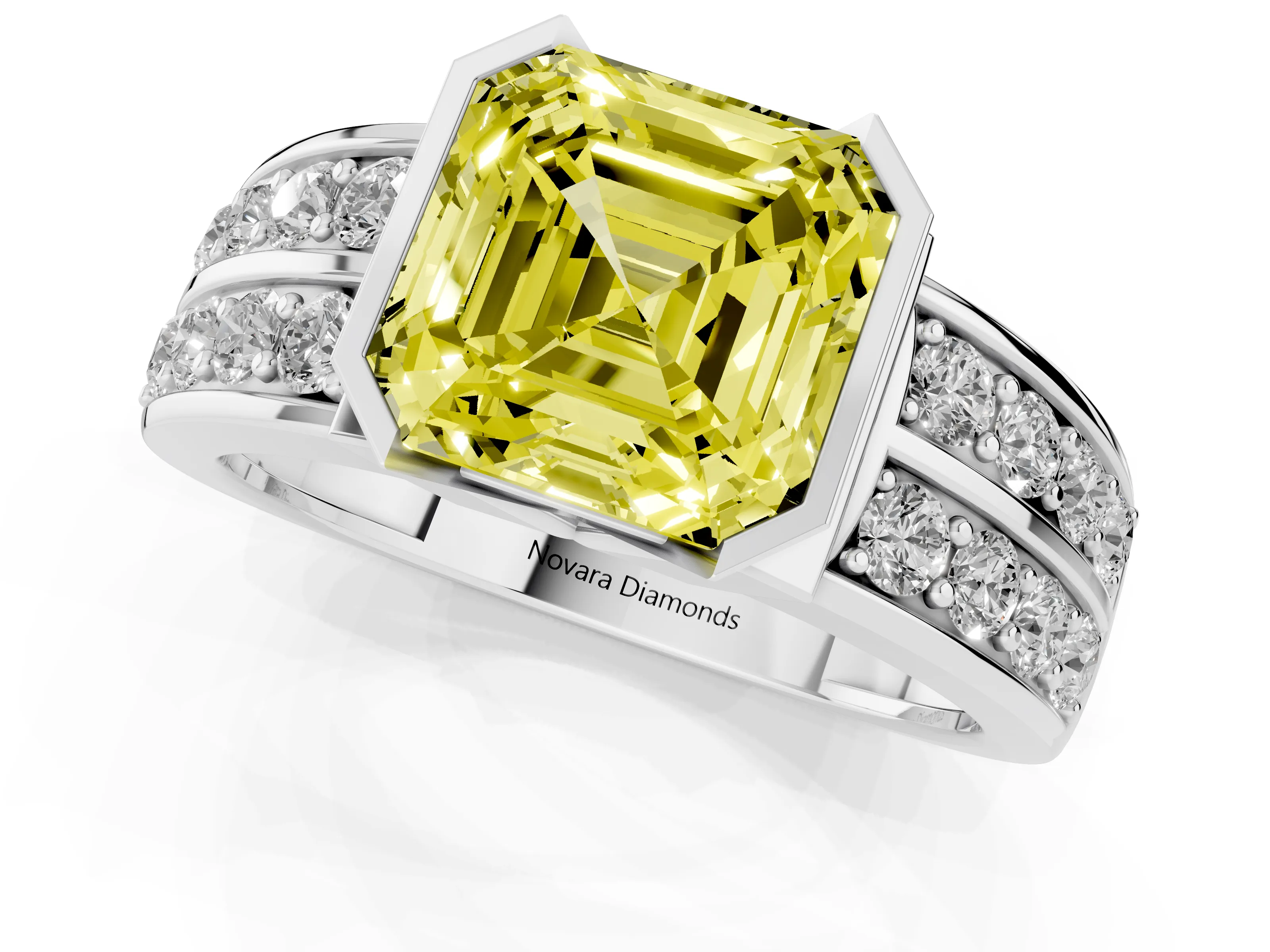 Fancy Yellow Asscher Cut Diamond Wide Channel Set Band Ring Set in Platinum with Bezel Setting