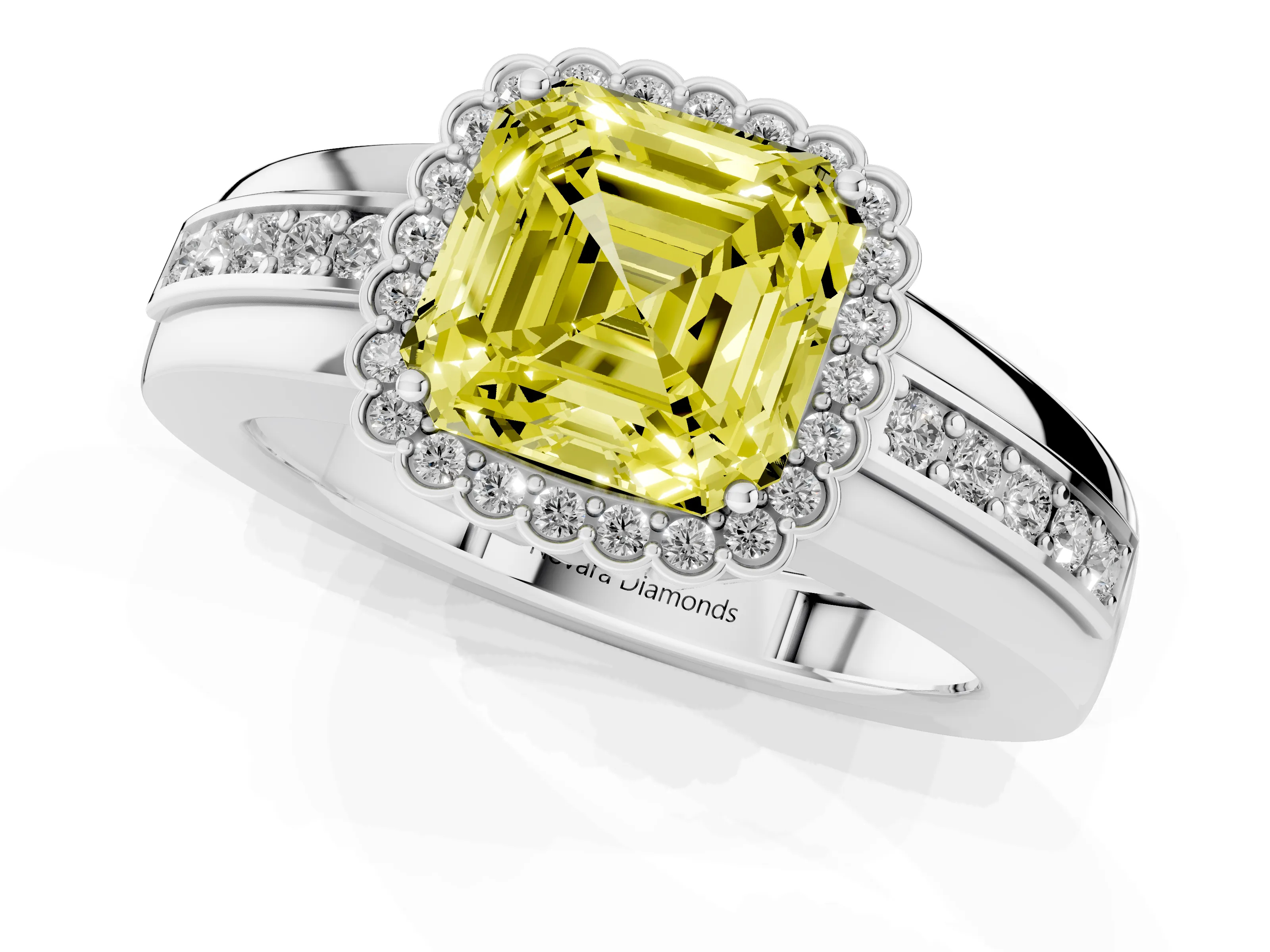 Fancy Yellow Asscher Cut Diamond Halo Prong Ring Set in Platinum with Pavé Band