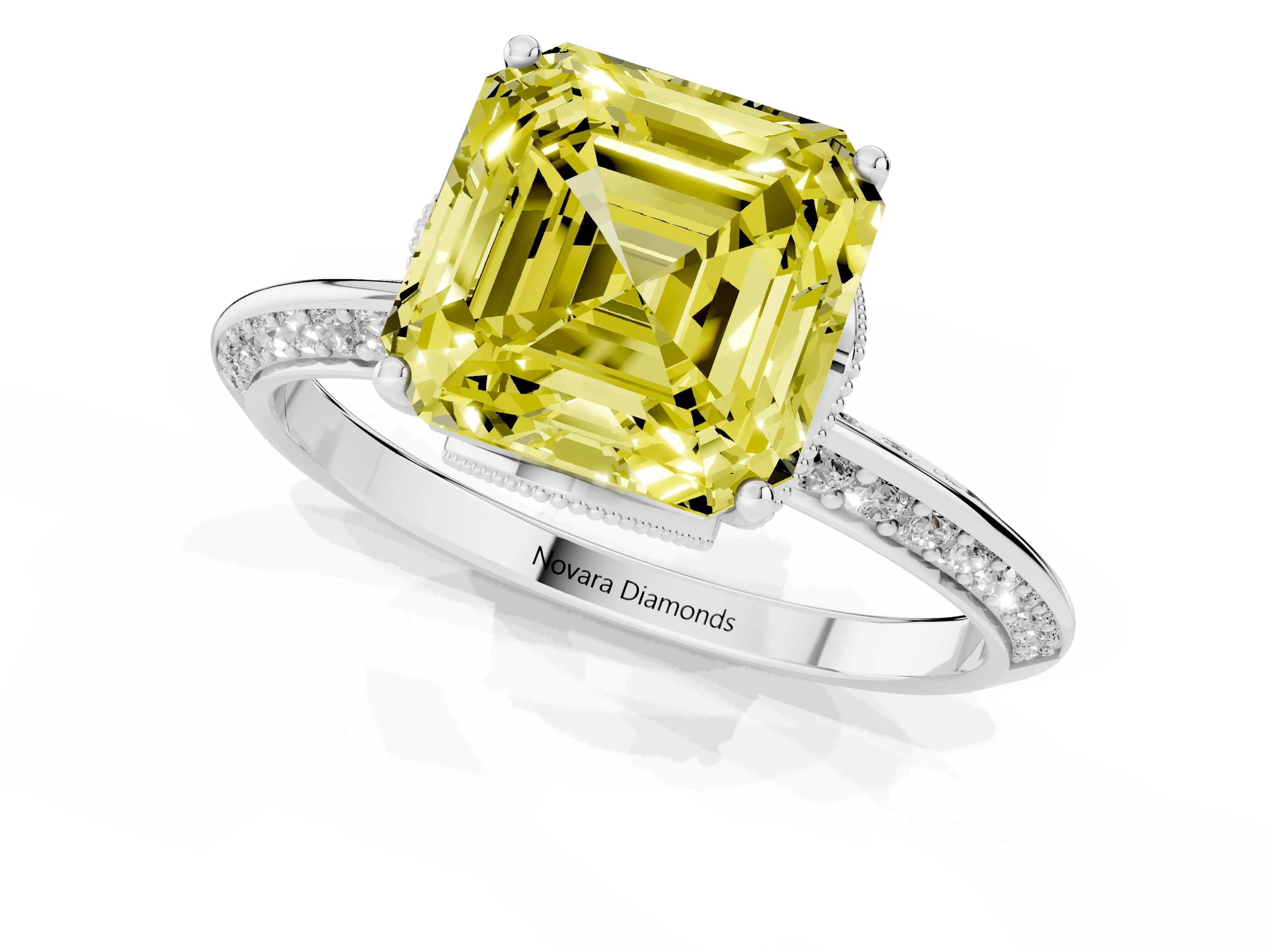 Fancy Yellow Asscher Cut Diamond Solitaire Engagement Ring Set in Platinum with Pavé Split Shank and Prong Setting
