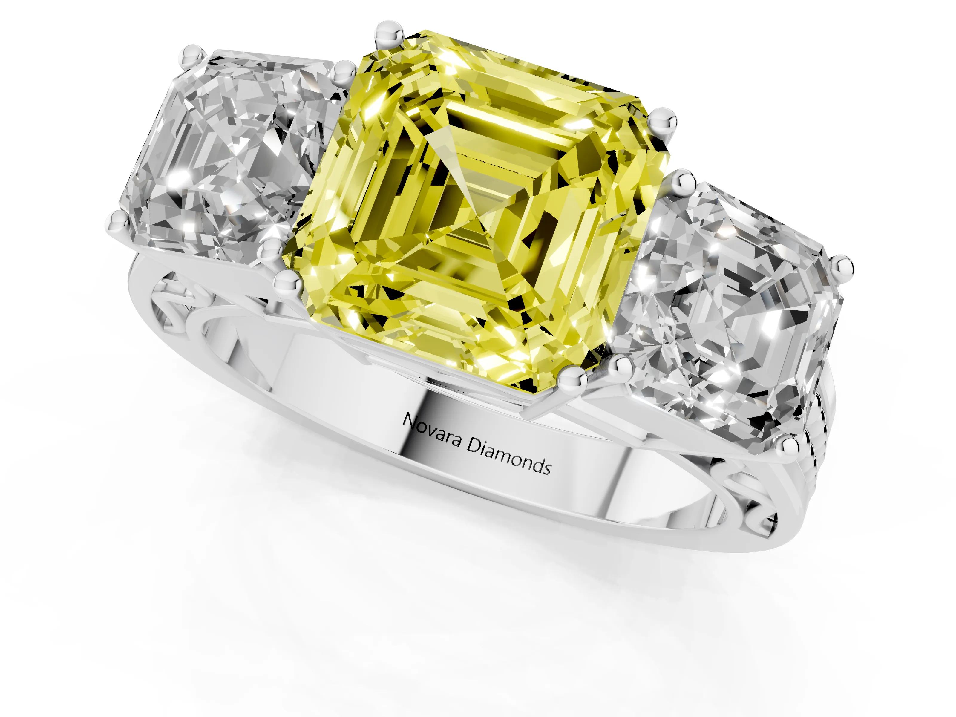 Fancy Yellow Asscher Cut Diamond Three-Stone Ring Set in White gold with Textured Band
