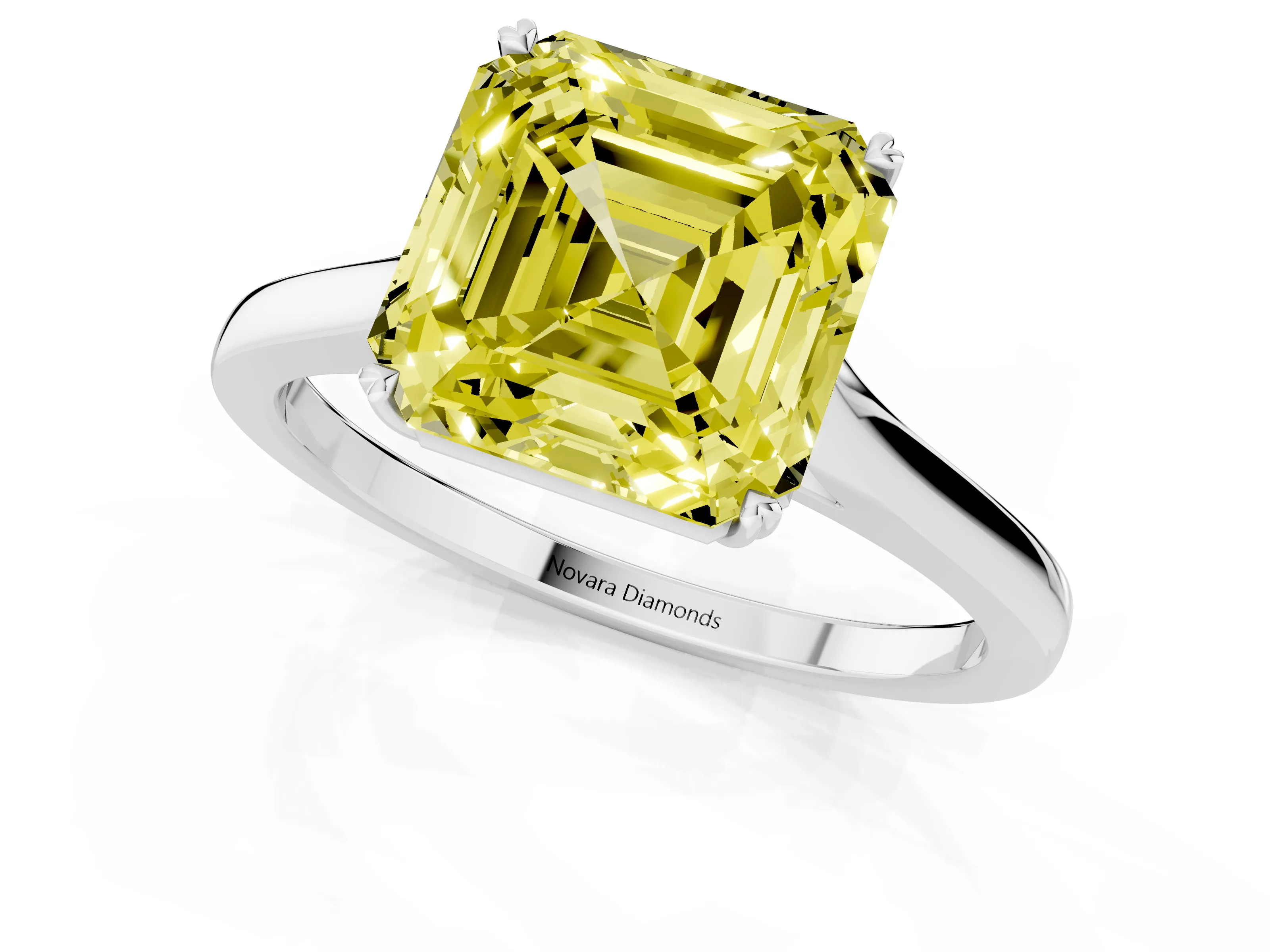 Fancy Yellow Asscher Cut Diamond Solitaire Heart Prong Engagement Ring Set in Platinum with Tapered Band