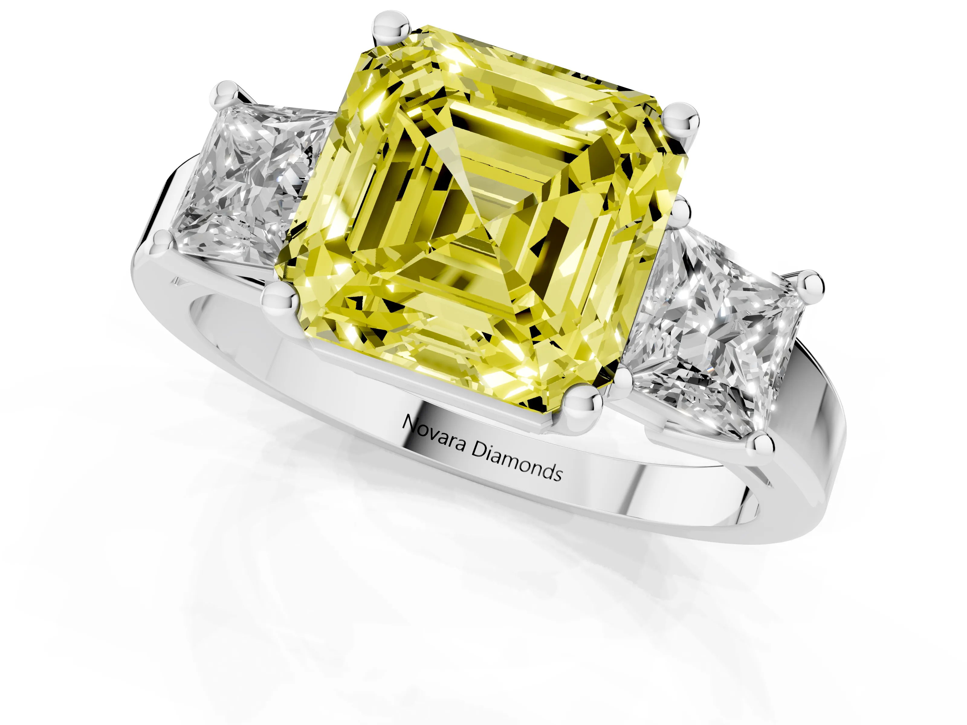 Fancy Yellow Three-Stone Asscher Cut Diamond Solitaire Ring Set in Silver with Prong Setting
