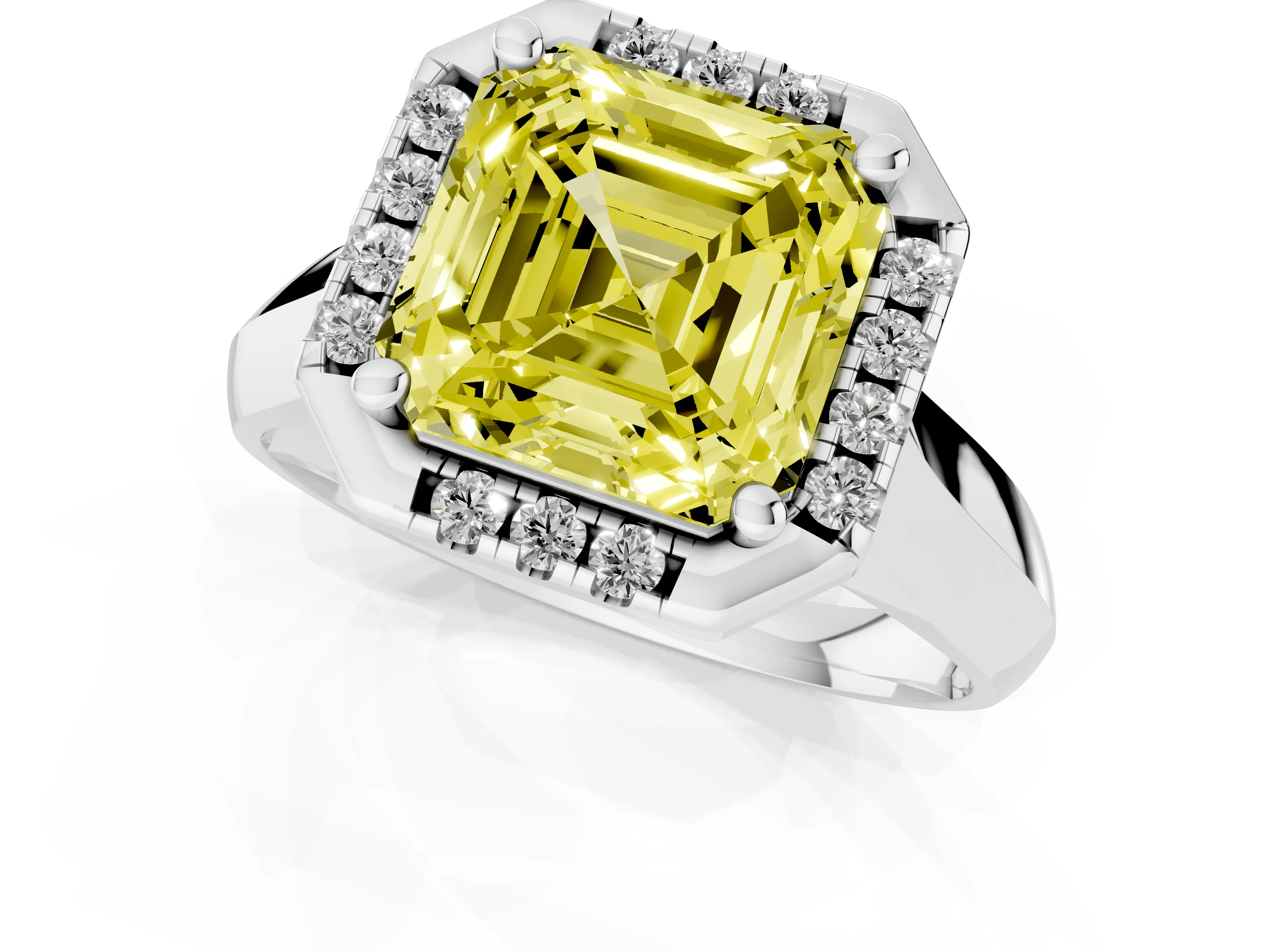 Fancy Yellow Asscher Cut Diamond Halo Solitaire Engagement Ring Set in White gold with Square Band and Prong Setting