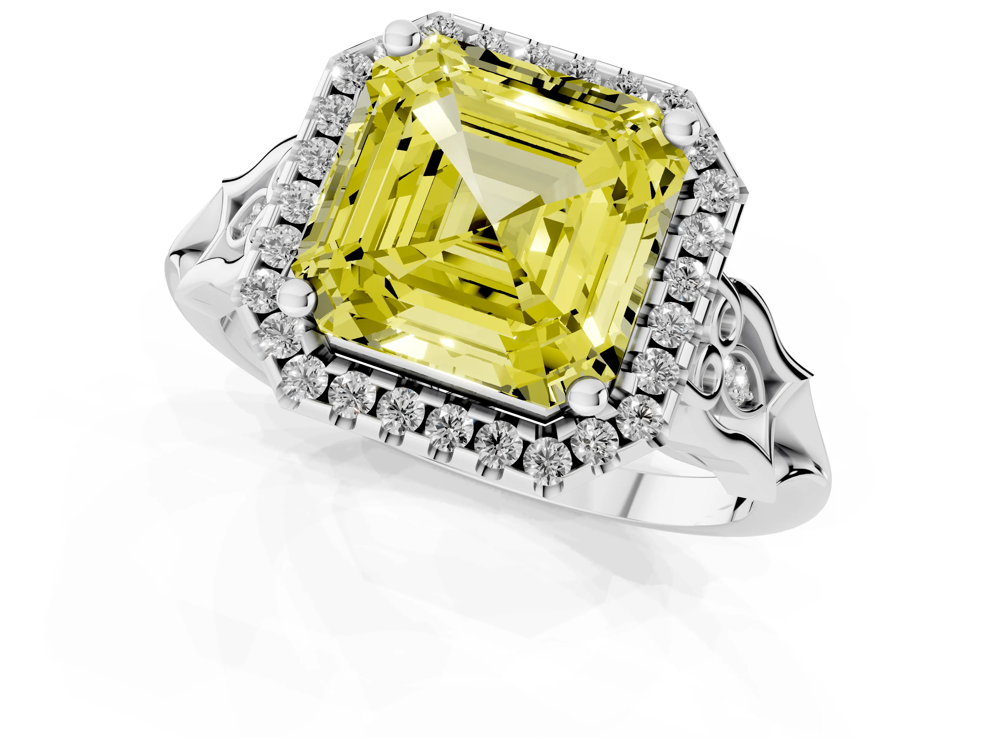 Fancy Yellow Asscher Cut Diamond Halo Engagement Ring Set in Silver with Filigree Band and Prong-Set Center
