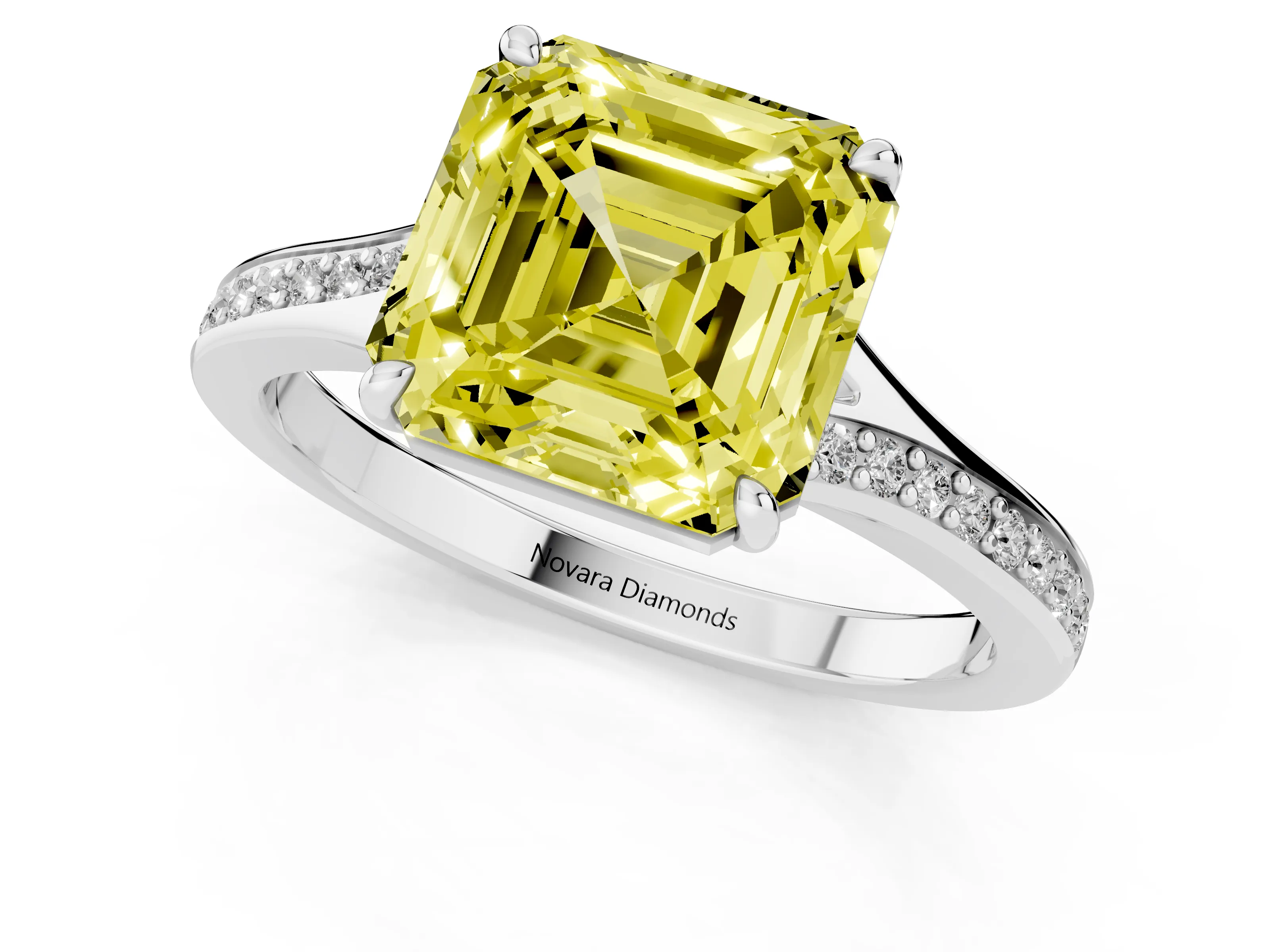 Fancy Yellow Asscher Cut Diamond Solitaire Ring Set in Platinum with Pavé Accent Band and Classic Prong Setting – second view