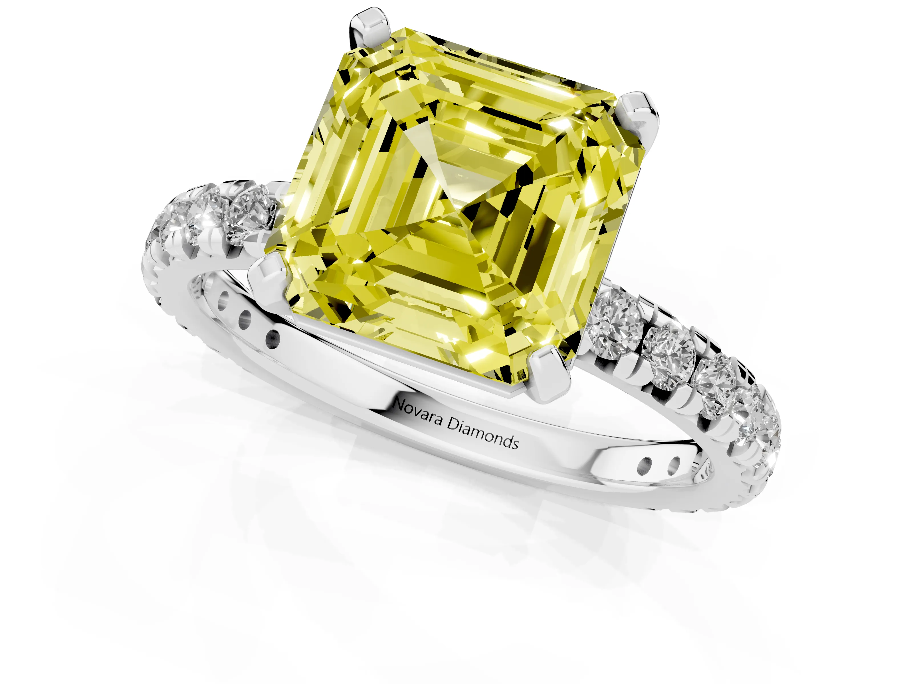 Fancy Yellow Asscher Cut Diamond Pavé Solitaire Ring Set in White gold with Round Band and Prong Setting – second view