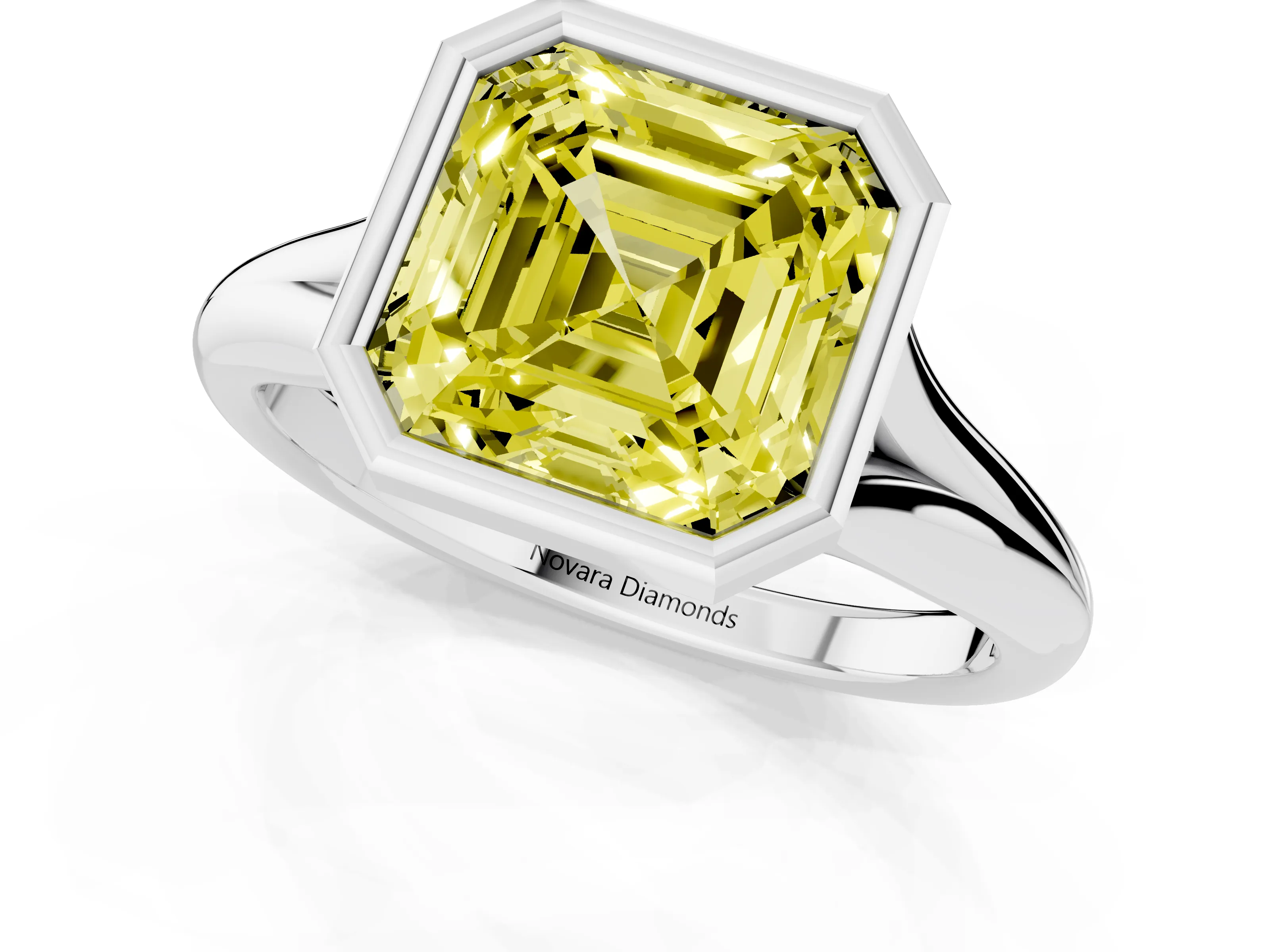 Fancy Yellow Bezel Set Asscher Cut Diamond Solitaire Ring Set in Silver with Smooth Band