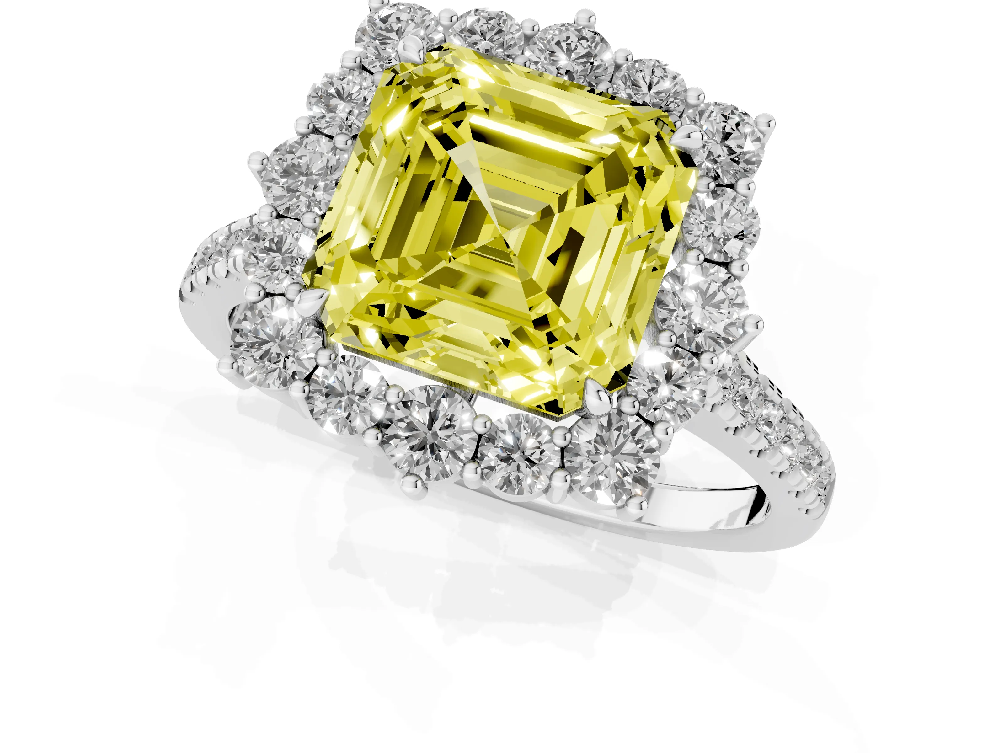 Fancy Yellow Asscher Cut Diamond Halo Ring Set in Platinum with Pavé Band and Prong Setting