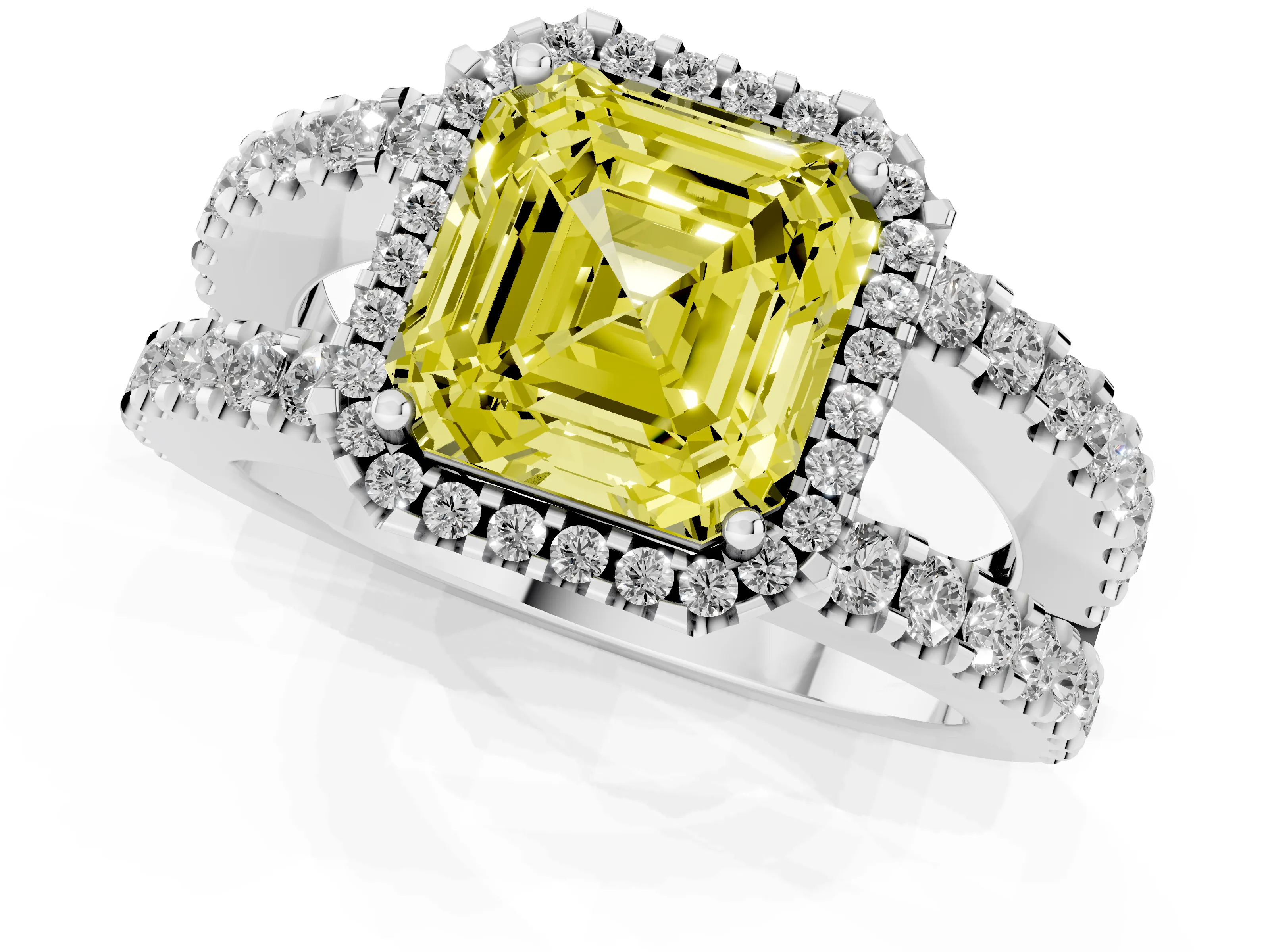 Fancy Yellow Asscher Cut Diamond Halo Ring Set in Platinum with Pavé Split Shank and Prong Setting