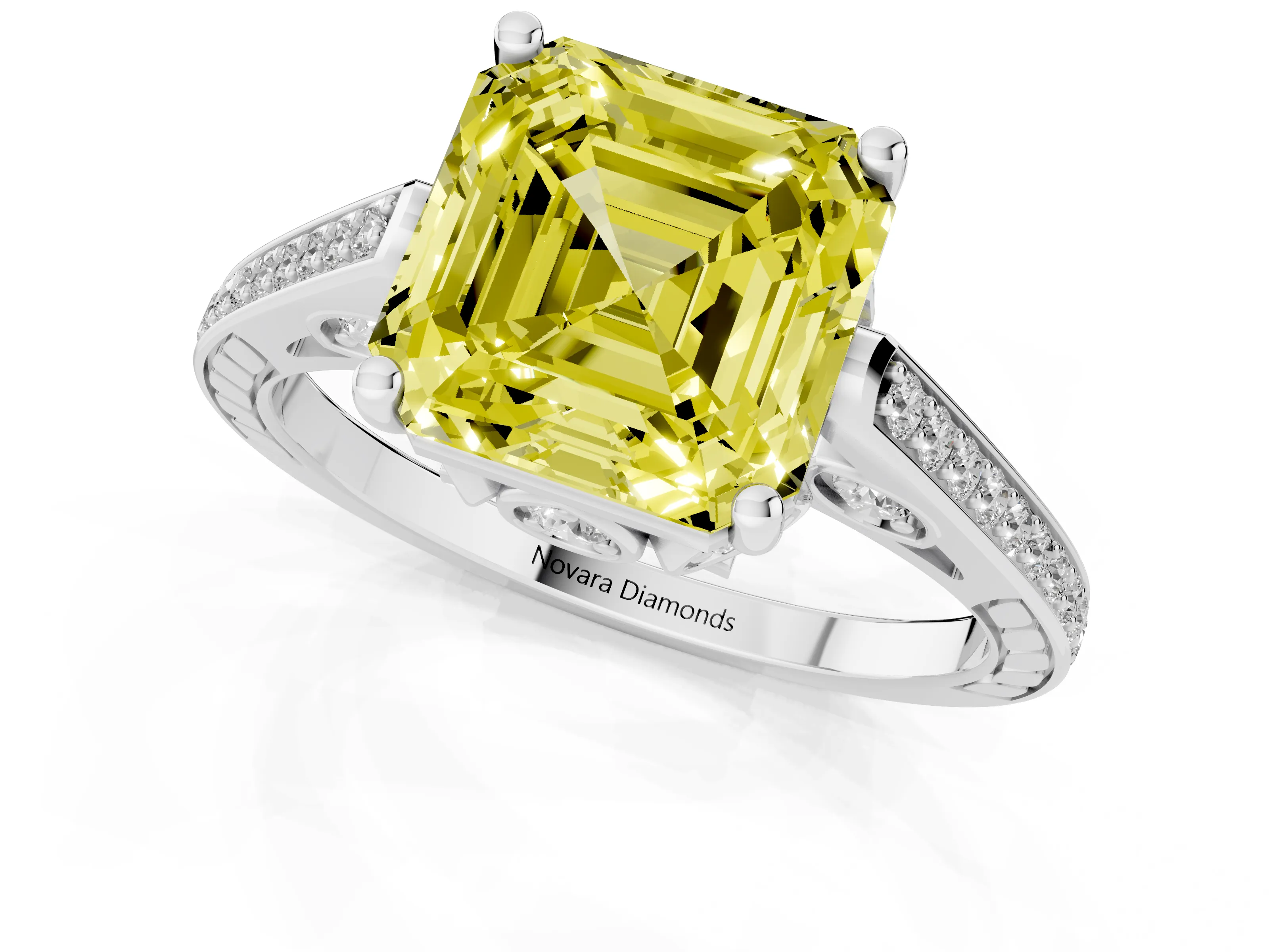 Fancy Yellow Asscher Cut Diamond Cathedral Pavé Engagement Ring Set in Silver with Prong Setting