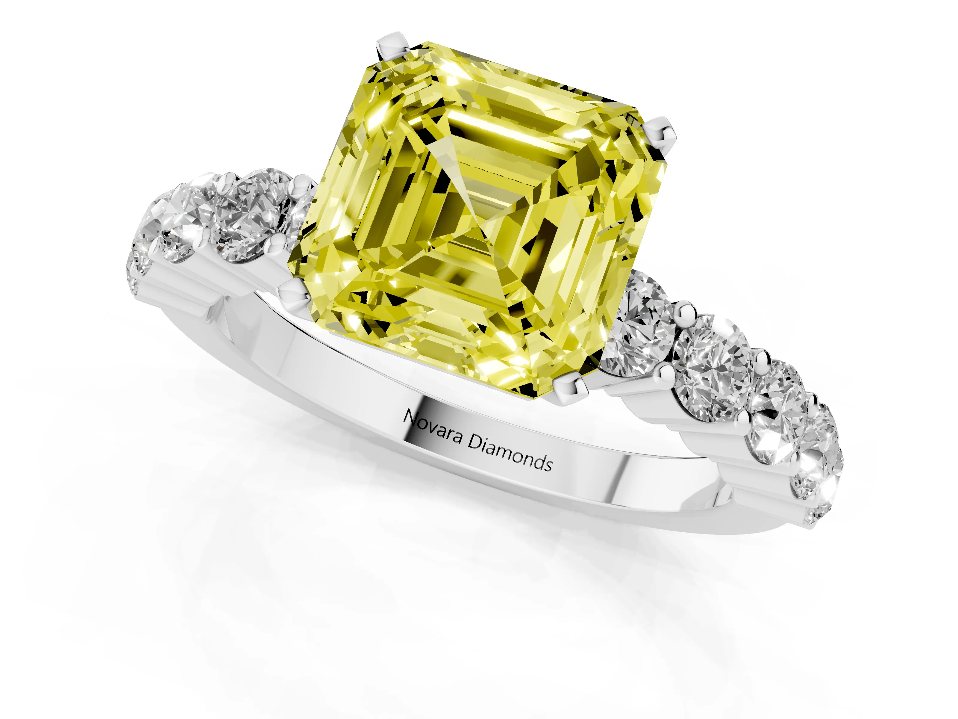 Fancy Yellow Asscher Cut Diamond Solitaire Ring Set in White gold with Shared Prong Round Side Stones