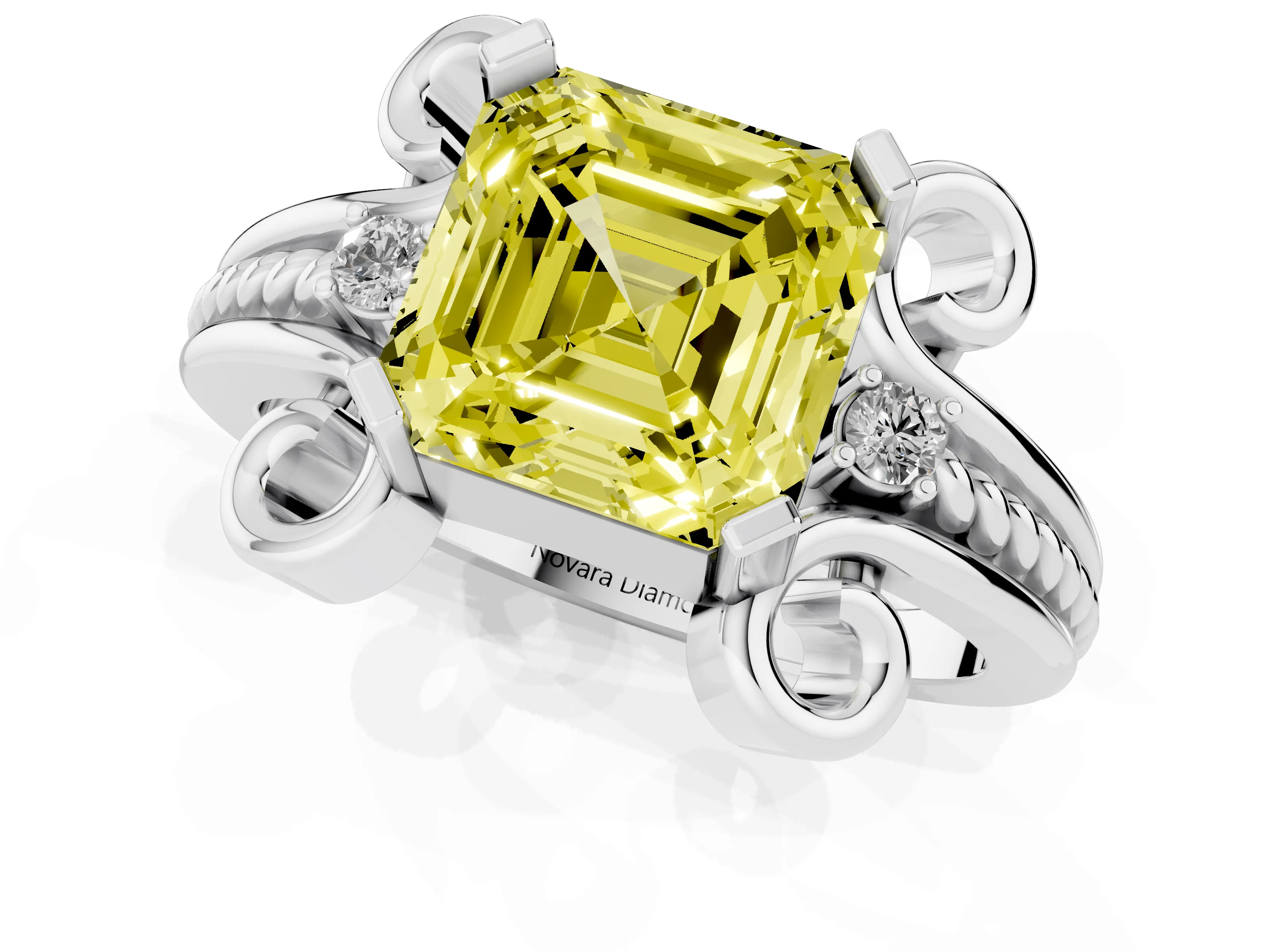Fancy Yellow Asscher Cut Diamond Twisted Band Solitaire Ring Set in Platinum with Scroll Prongs