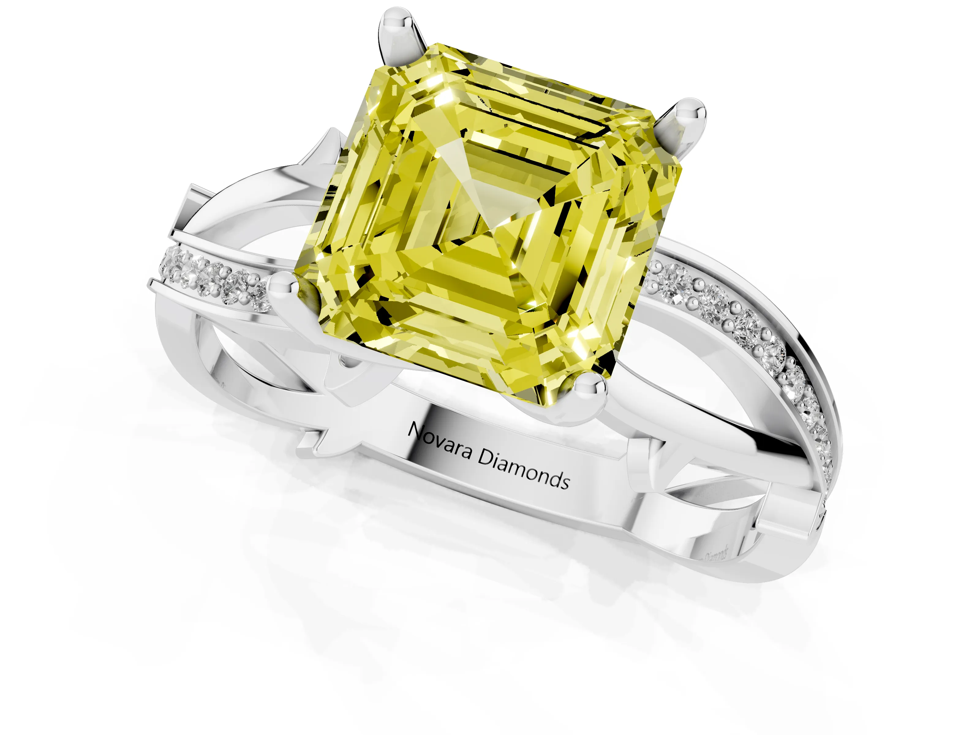 Fancy Yellow Asscher Cut Diamond Pavé Twist Band Solitaire Ring Set in White gold with Prong Setting