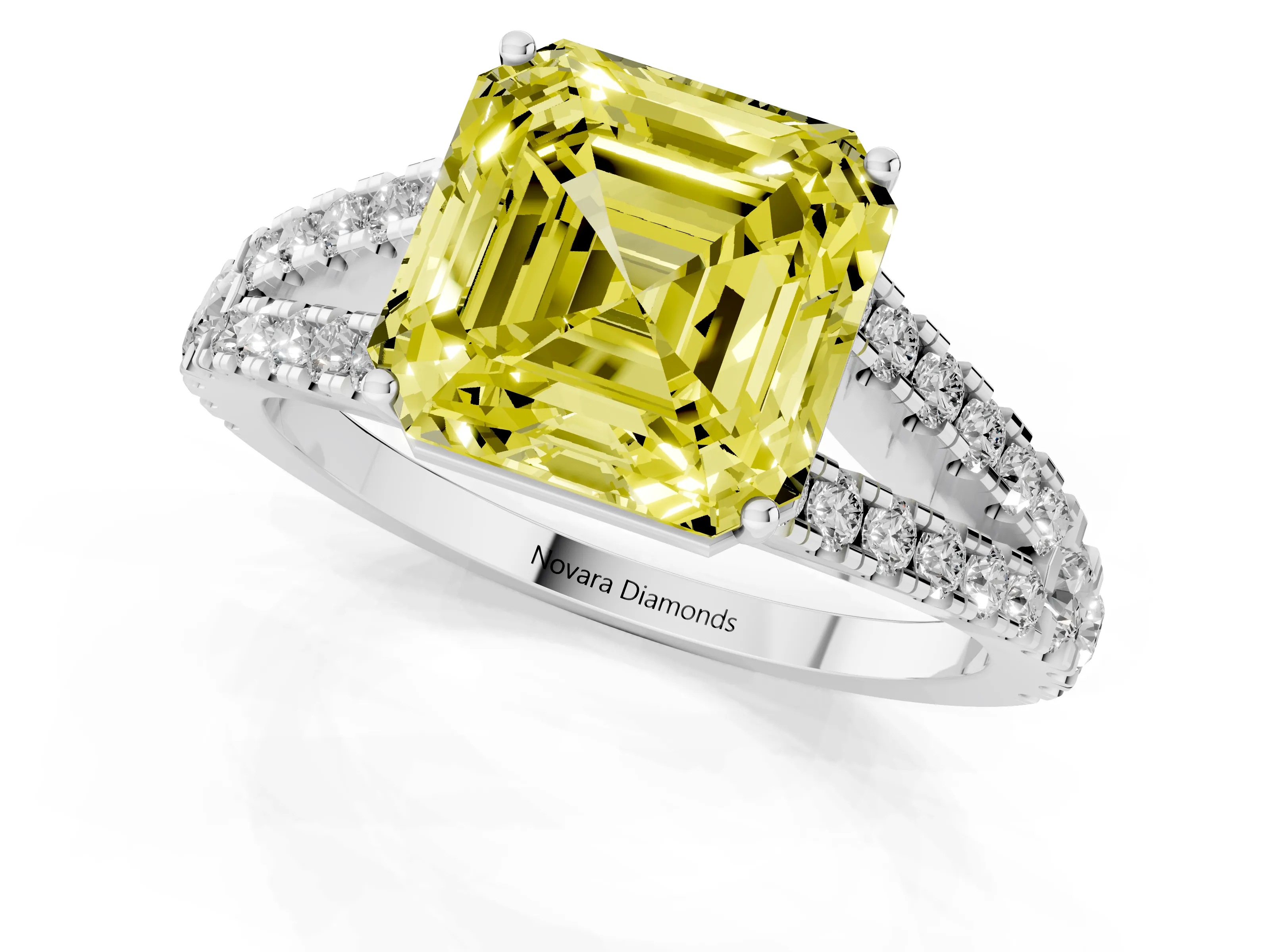 Fancy Yellow Asscher Cut Diamond Split Shank Pavé Engagement Ring Set in Platinum with Prong-Held Center Stone – second view