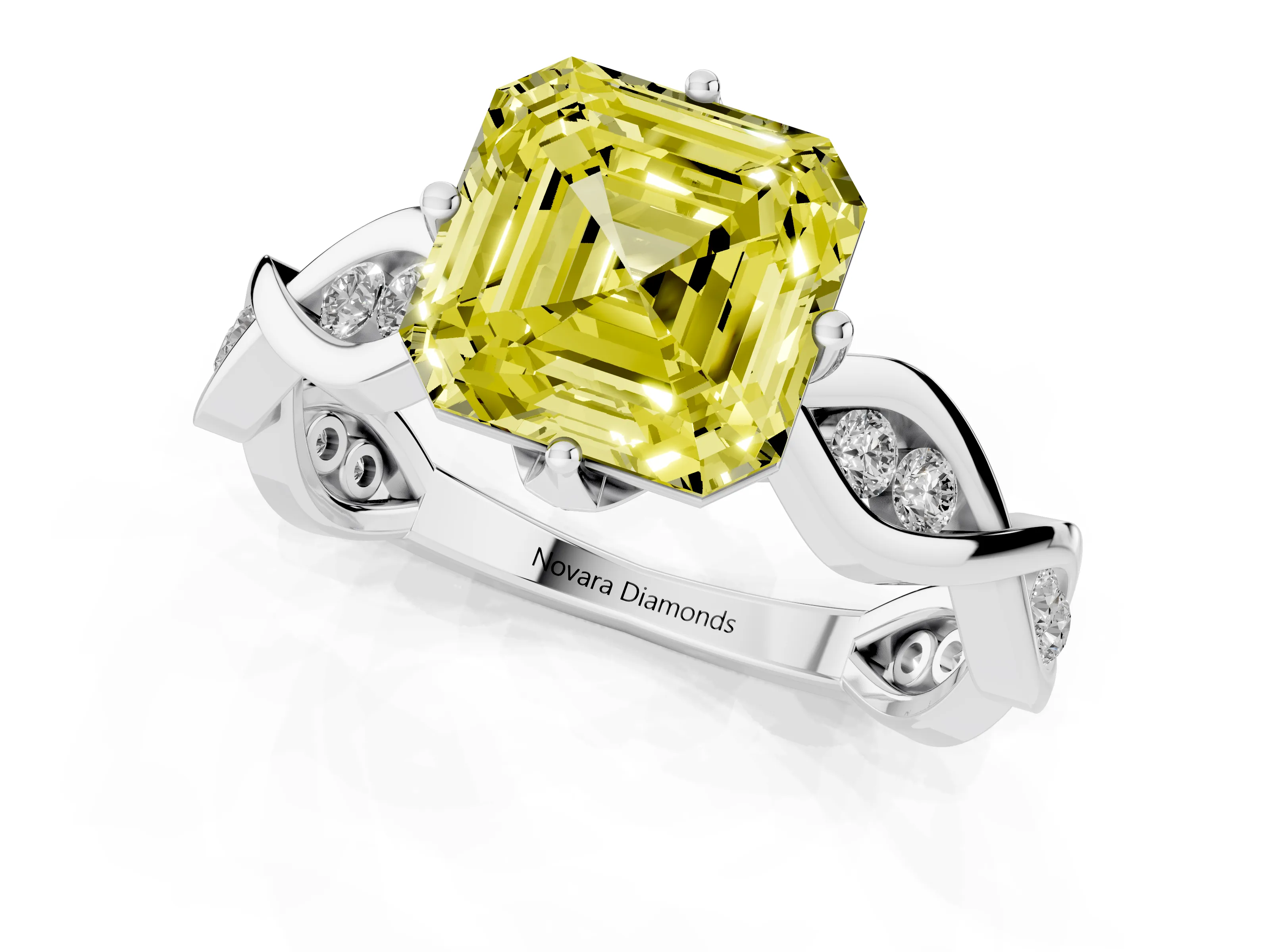 Fancy Yellow Asscher Cut Diamond Twist Band Solitaire Ring Set in Platinum with Leaf Prong Setting and Accent Stones