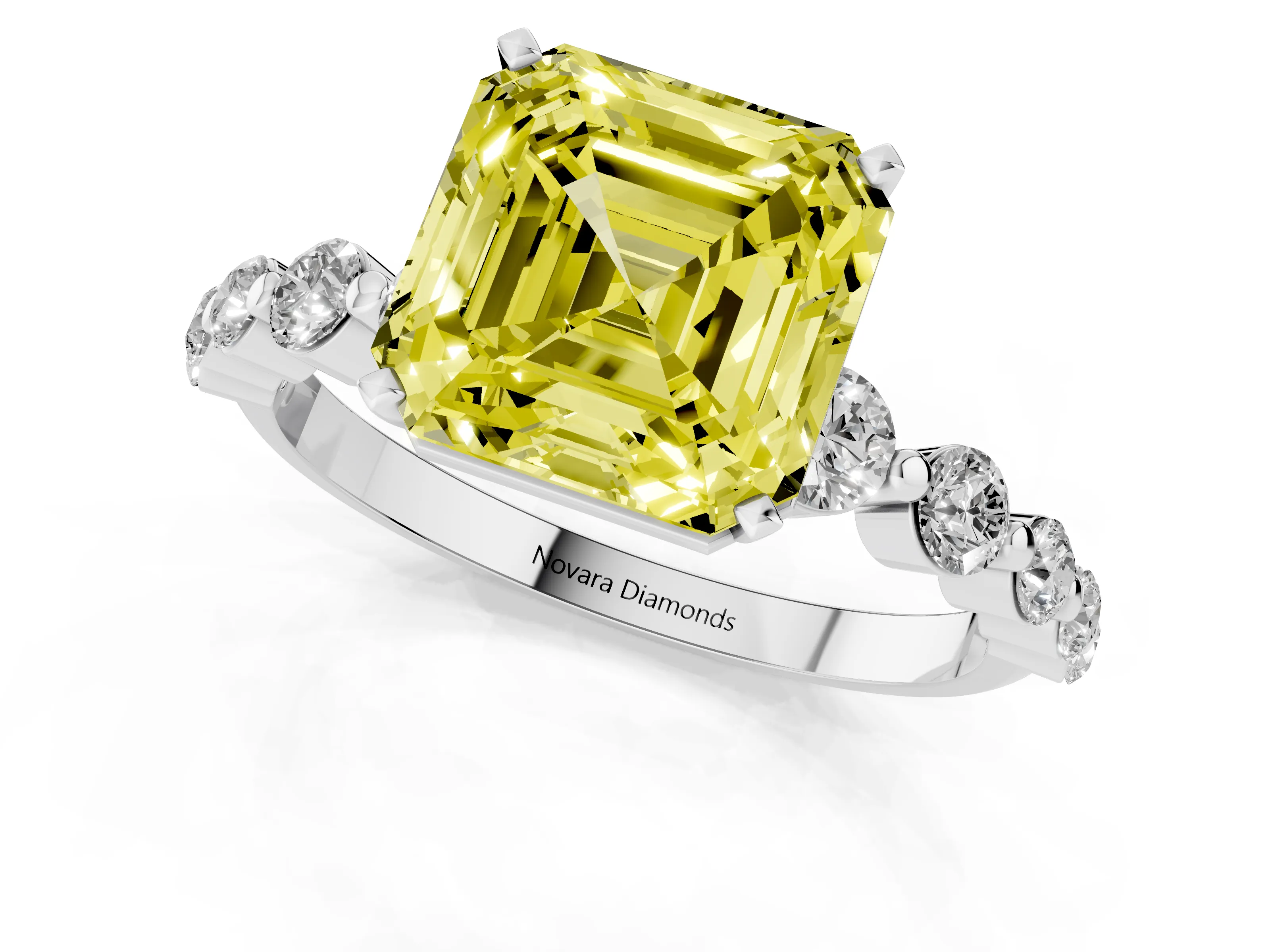 Fancy Yellow Asscher Cut Diamond Solitaire Ring Set in Platinum with Pavé Band and Prong Setting