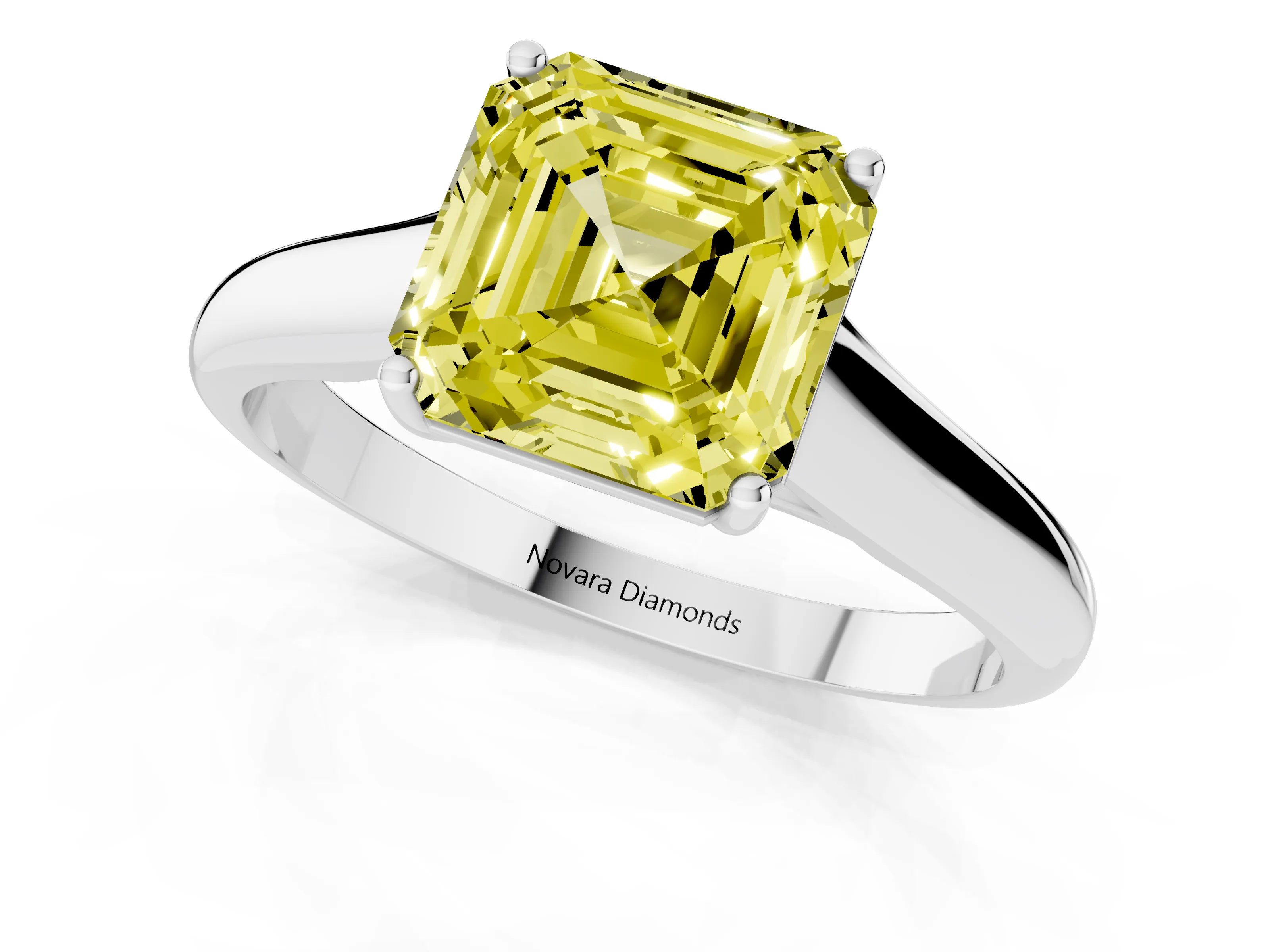 Fancy Yellow Asscher Cut Diamond Solitaire Engagement Ring Set in Silver with Subtly Tapered Band and Prong Setting