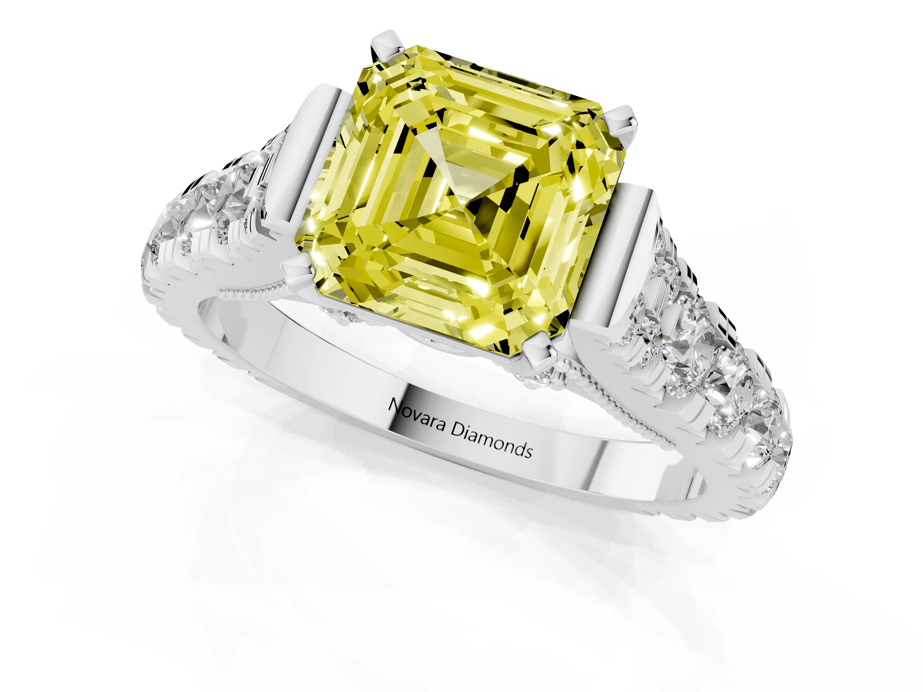 Fancy Yellow Asscher Cut Diamond Classic Solitaire Ring Set in White gold with Pavé Band and Prong Setting