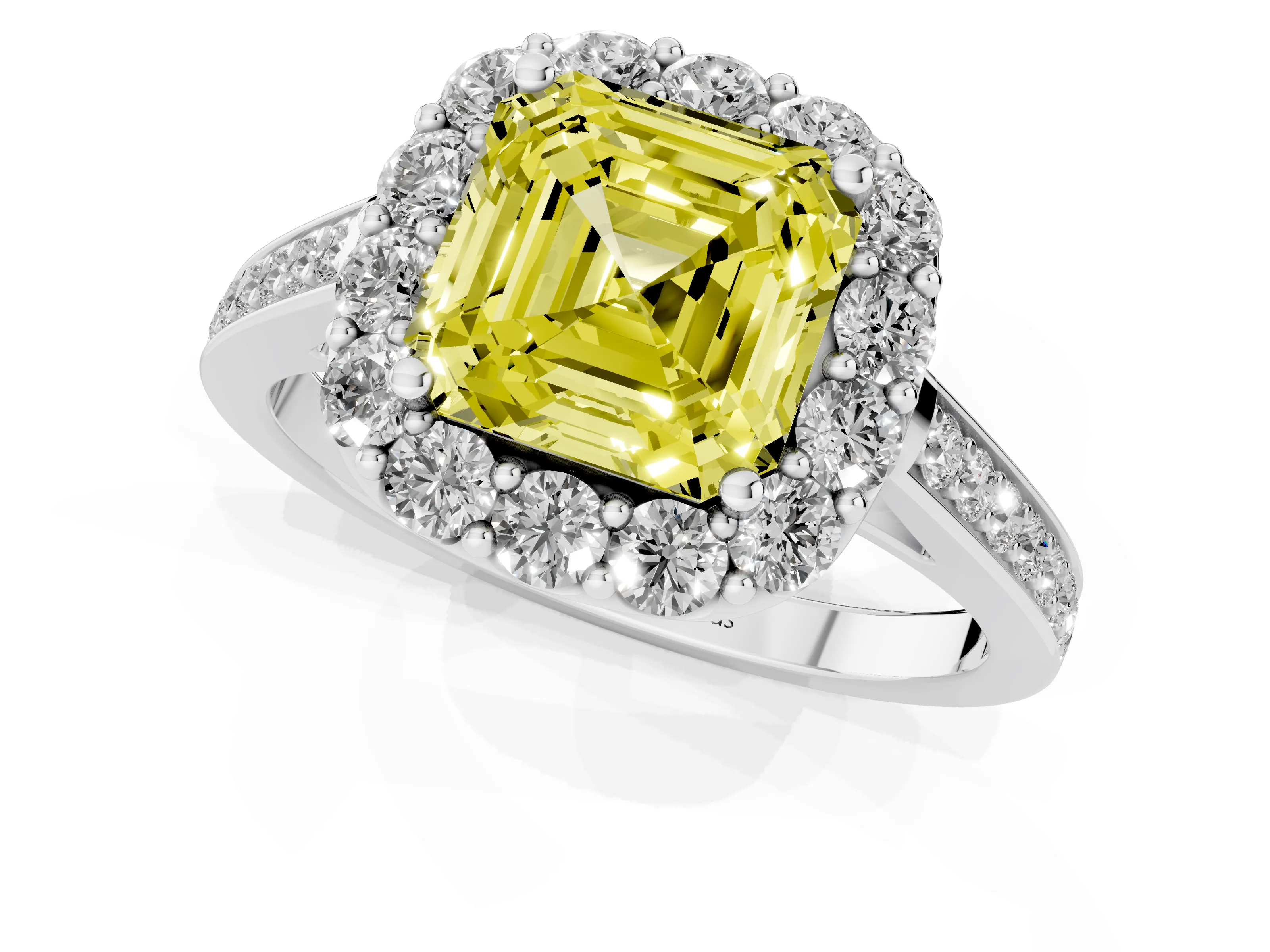 Fancy Yellow Asscher Cut Diamond Floral Halo Ring Set in White gold with Pavé Band and Prong Setting