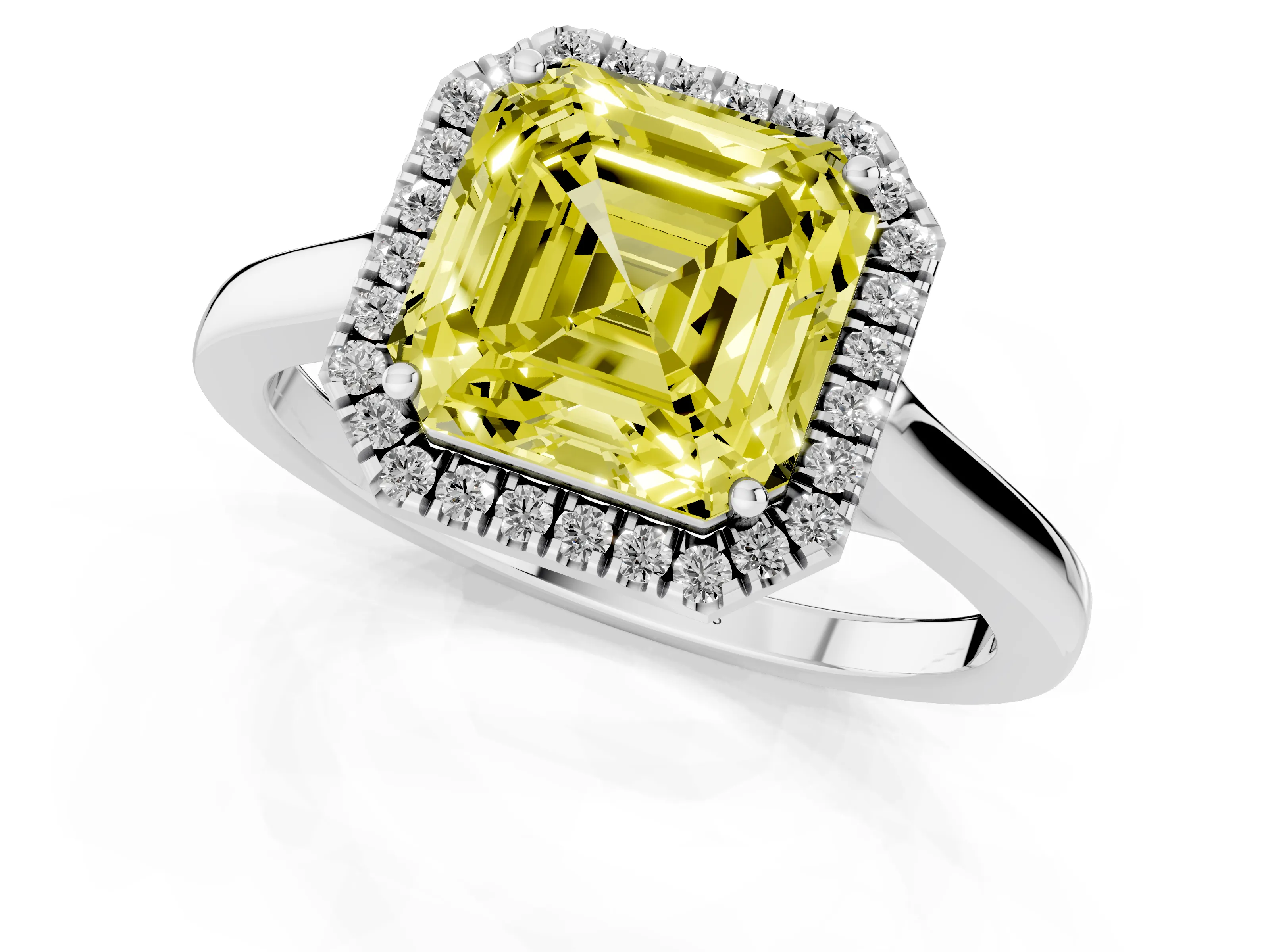 Fancy Yellow Asscher Cut Halo Round Diamond Solitaire Ring Set in Silver with Pavé Band and Prong Setting