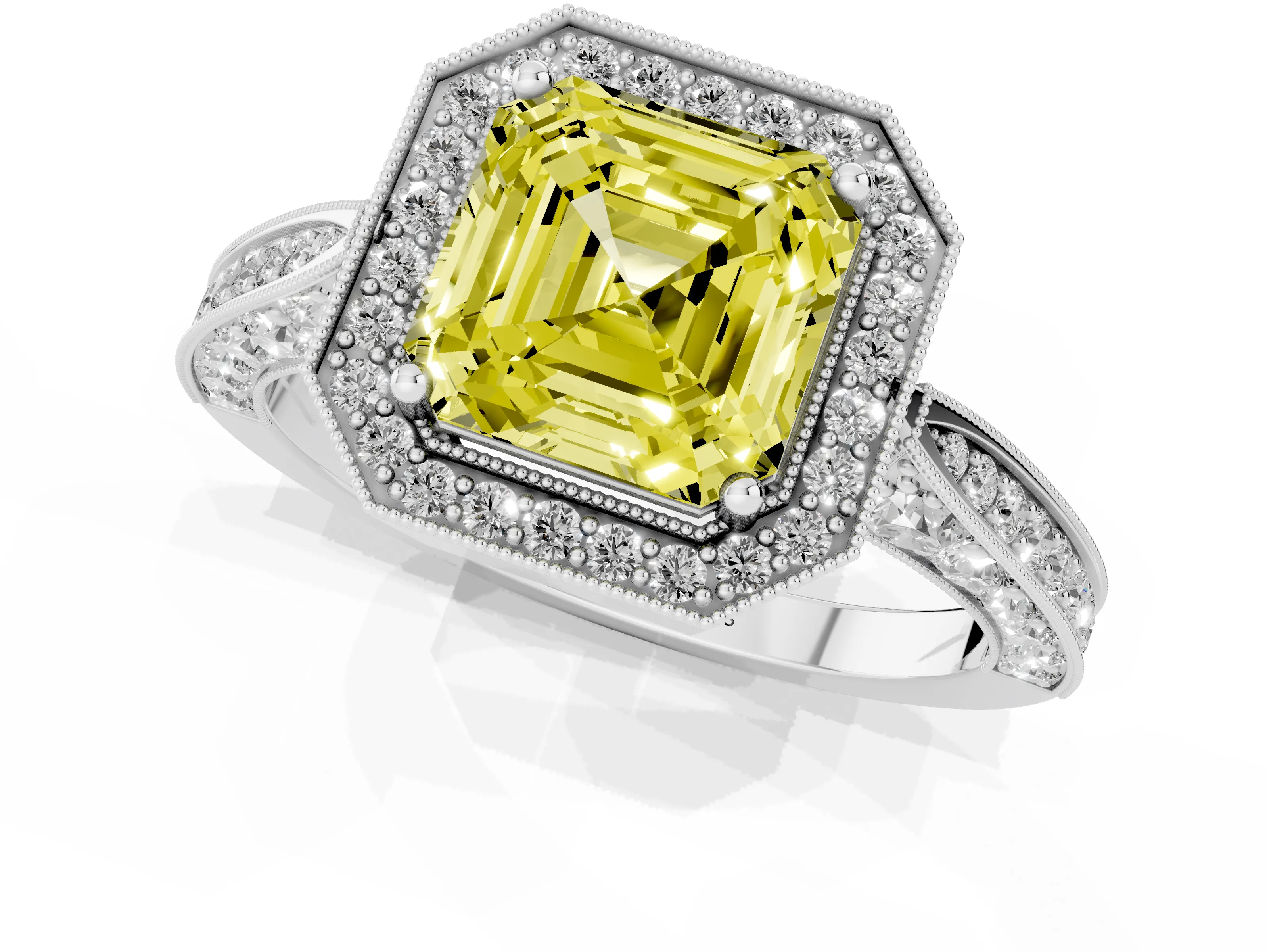 Fancy Yellow Asscher Cut Diamond Halo Engagement Ring Set in Silver with Accent Split Shank Band