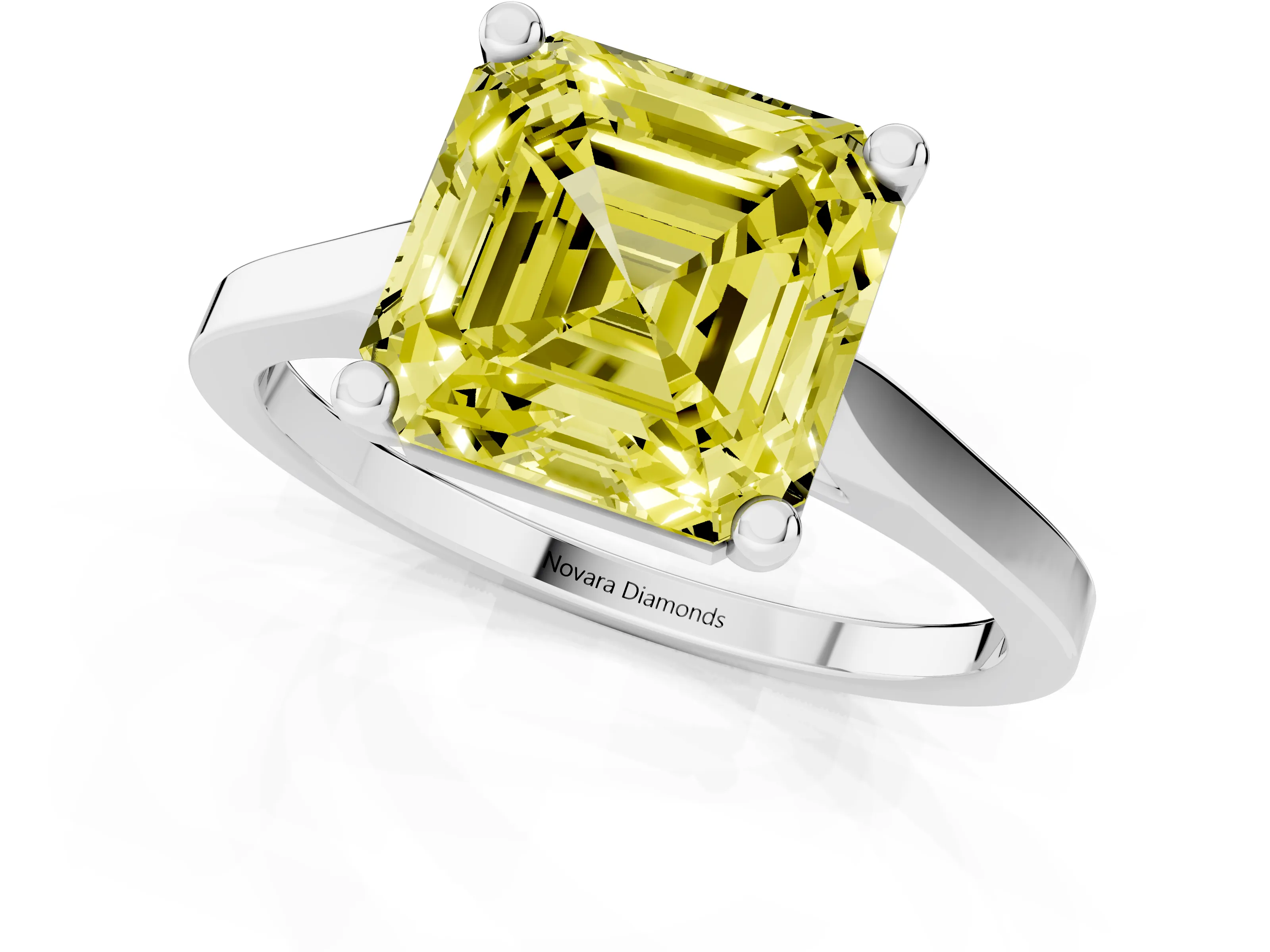 Fancy Yellow Asscher Cut Diamond Solitaire Ring Set in Silver with Prong Setting and Tapered Band