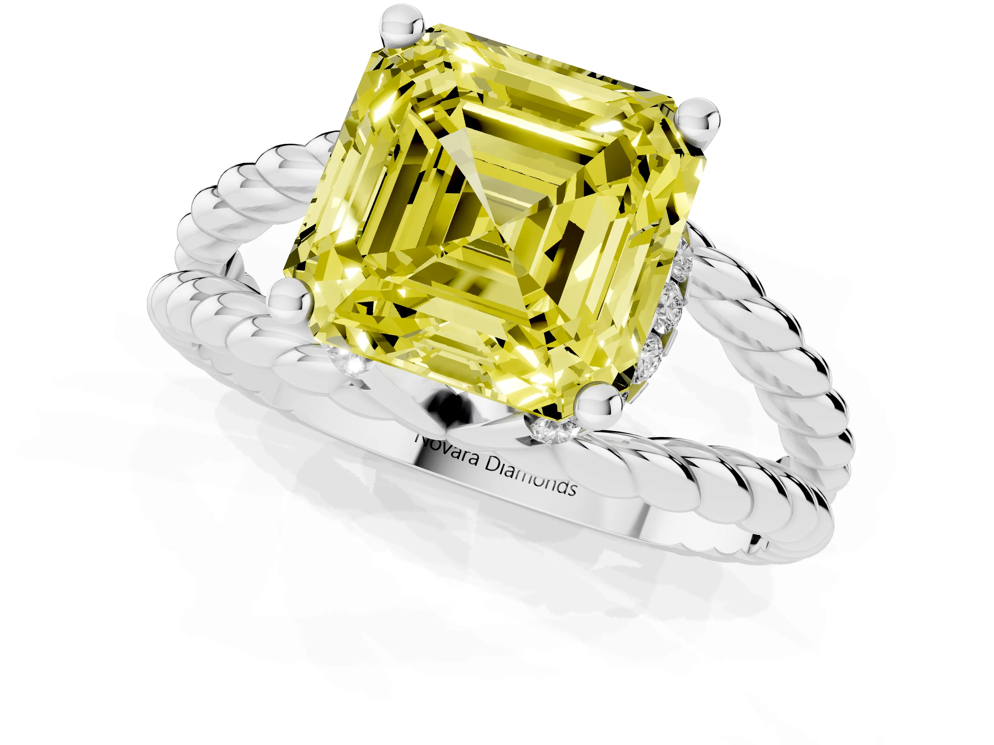 Fancy Yellow Asscher Cut Diamond Halo Ring Set in White gold with Twisted Band and Prong Setting
