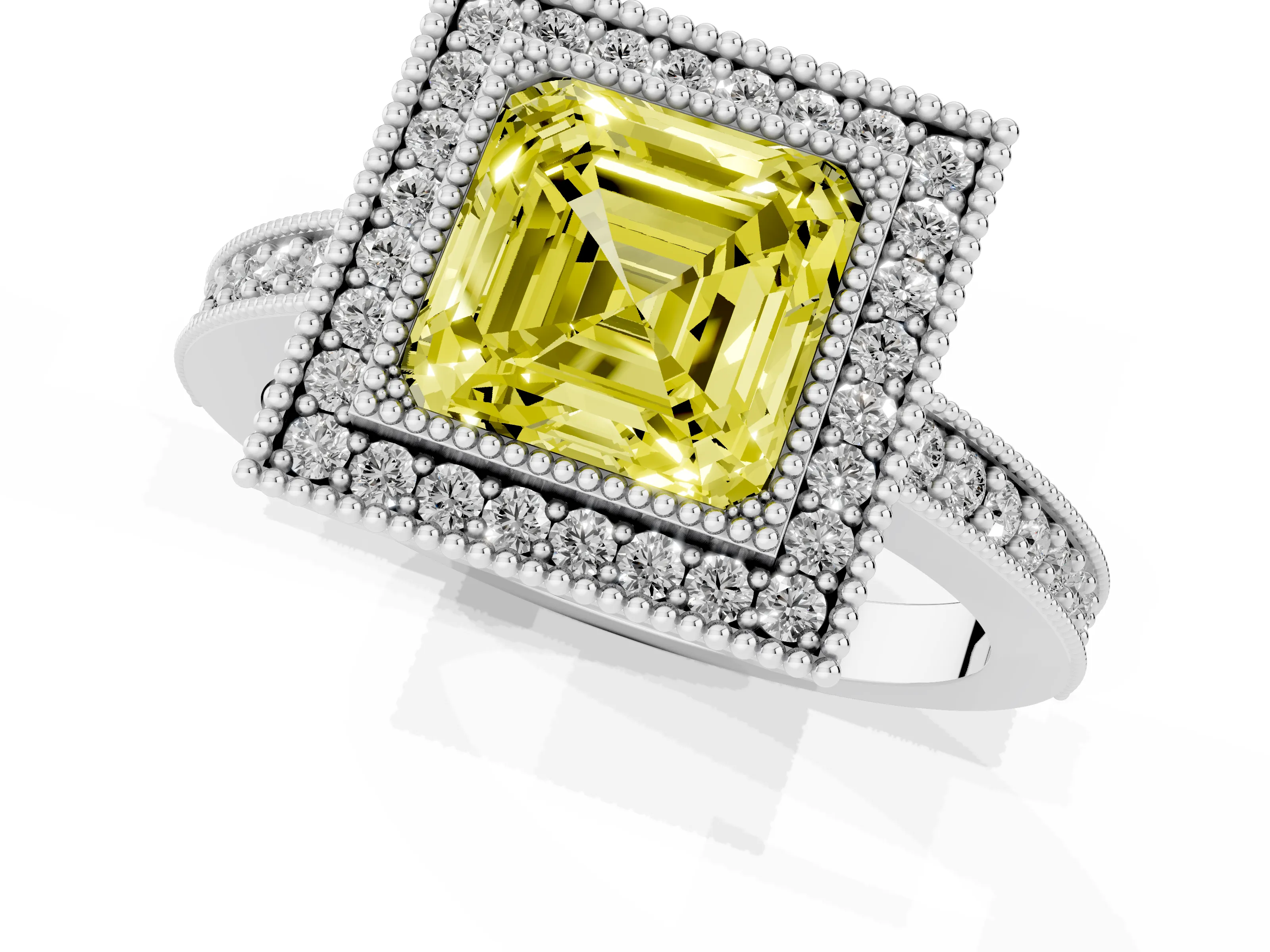 Fancy Yellow Asscher Cut Diamond Halo Engagement Ring Set in White gold with Pavé Band and Round Halo Stones