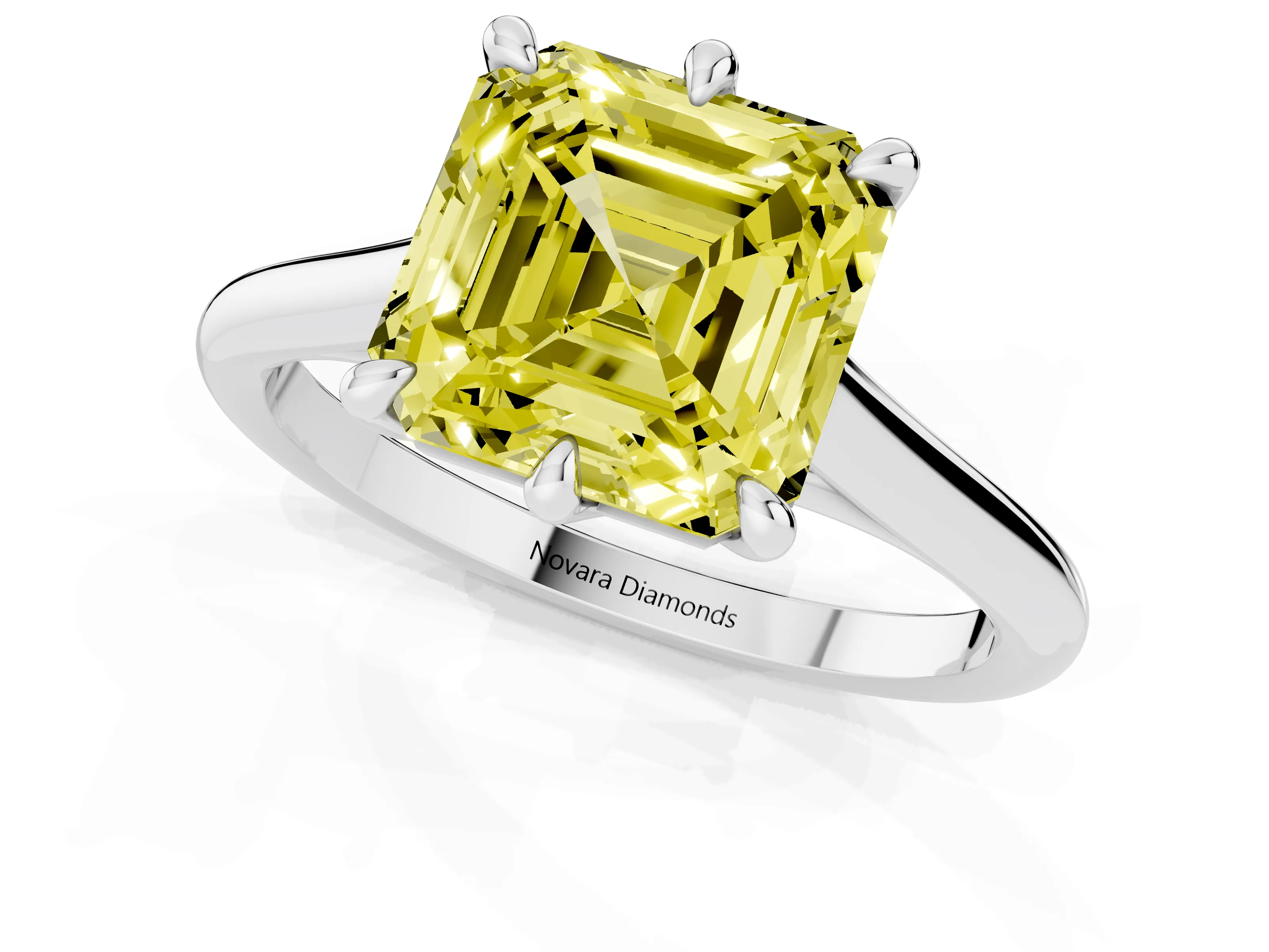 Fancy Yellow Asscher Cut Diamond Solitaire Engagement Ring Set in Platinum with Prong Setting and Plain Classic Band