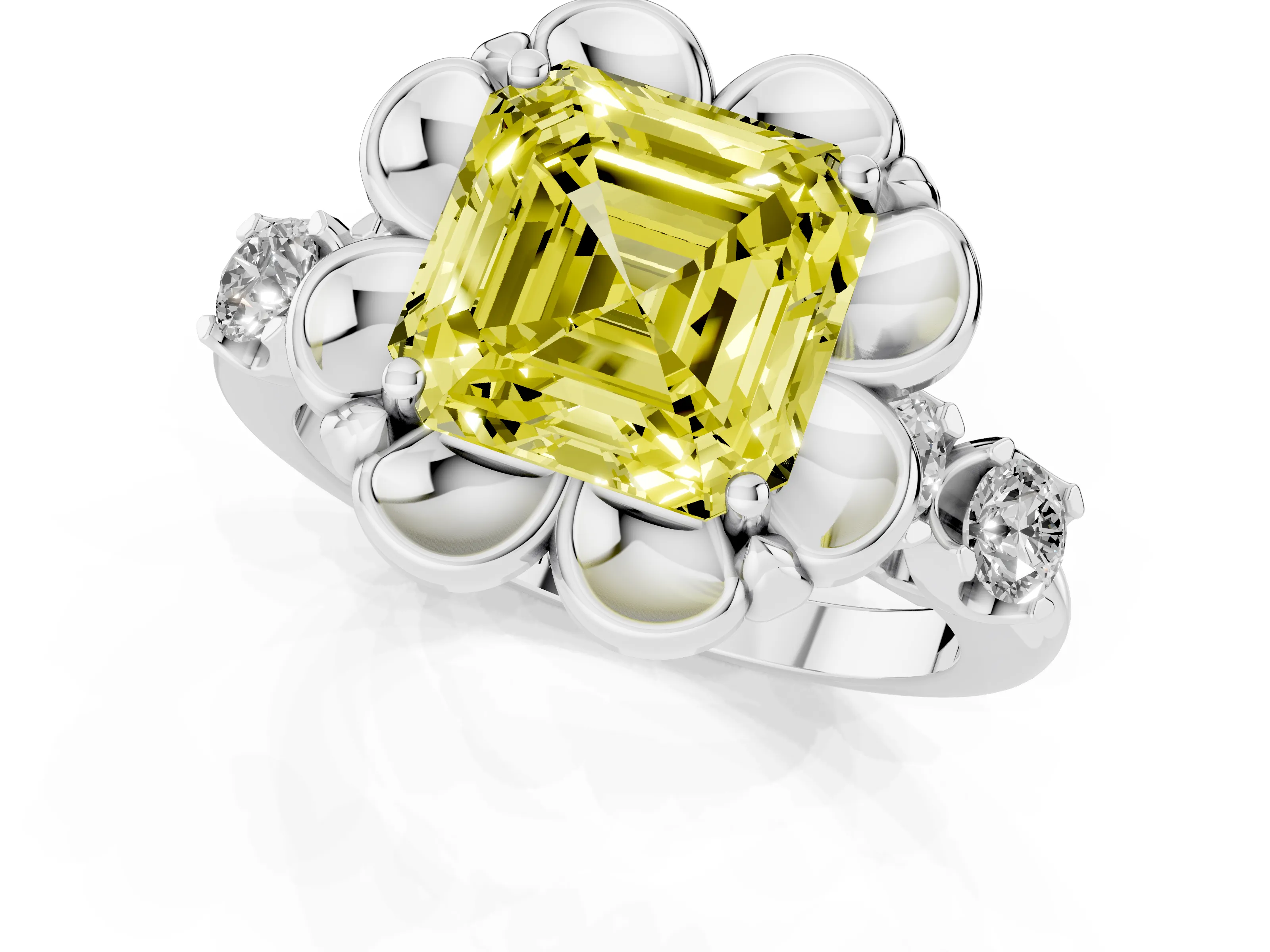 Fancy Yellow Asscher Cut Diamond Floral Halo Ring Set in Platinum with Shared Prong Band