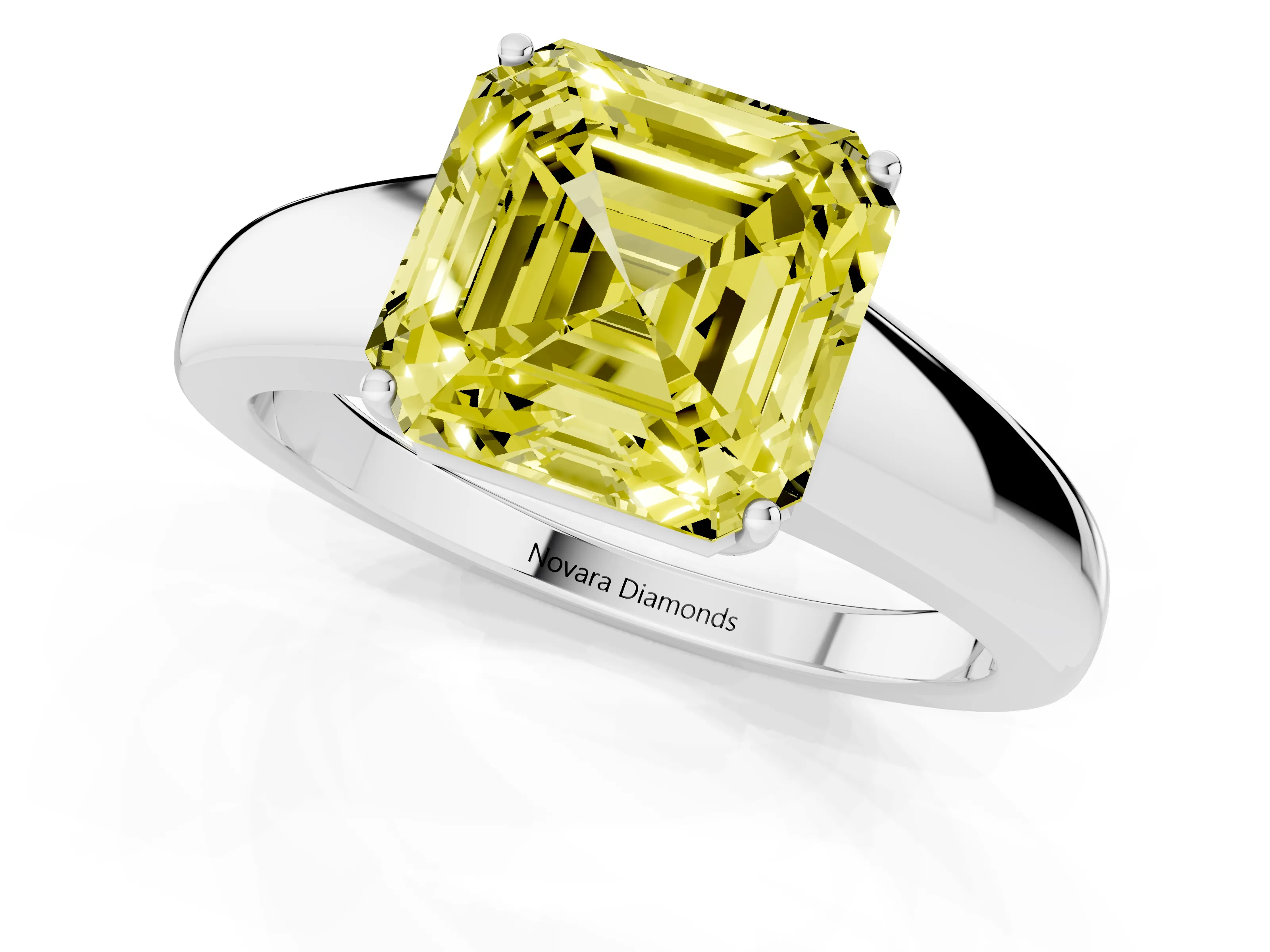 Fancy Yellow Asscher Cut Diamond Solitaire Ring Set in White gold with Tapered Band and Prong Setting