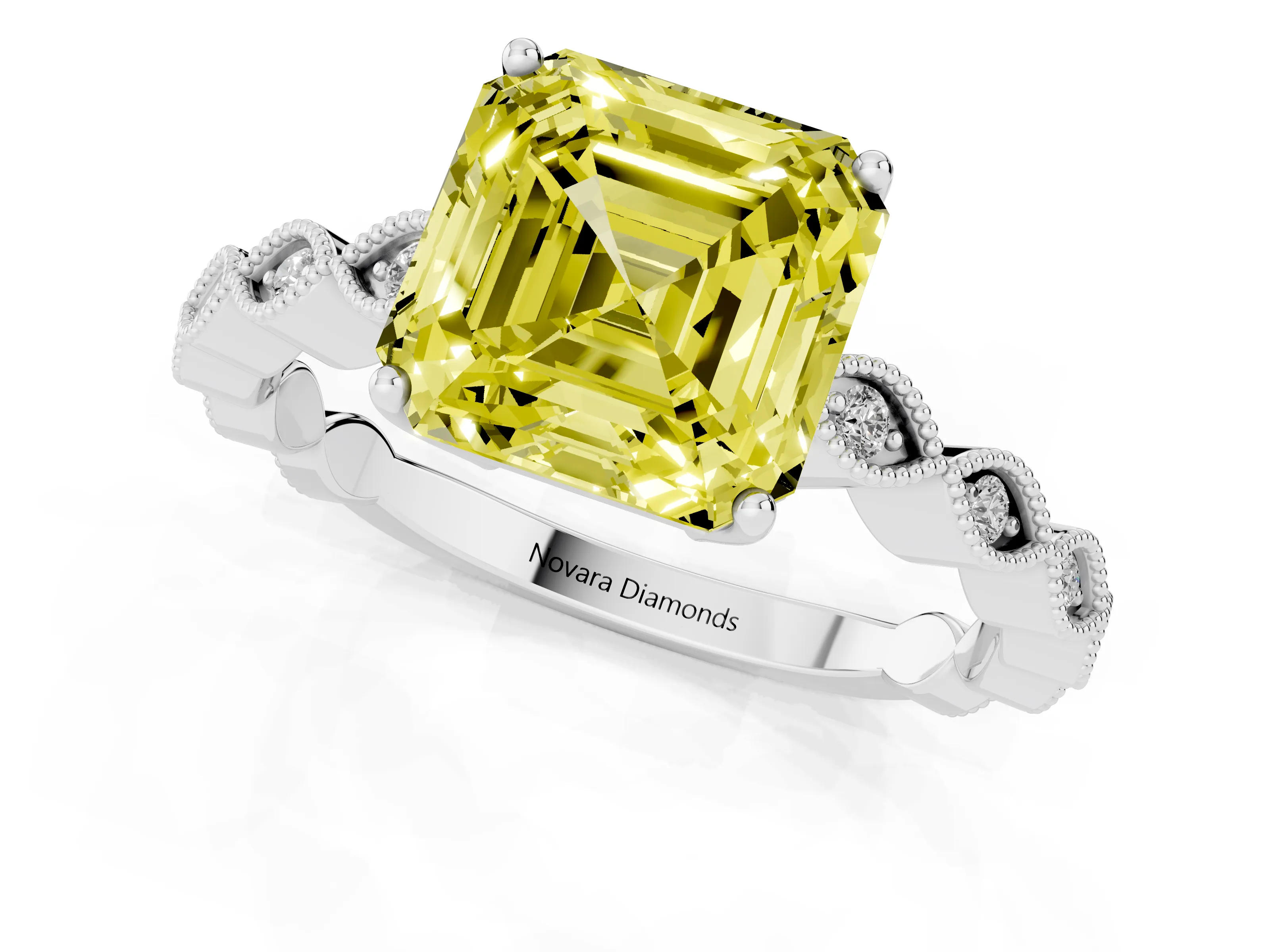 Fancy Yellow Asscher Cut Diamond Solitaire Ring Set in White gold with Infinity Twist Pavé Band