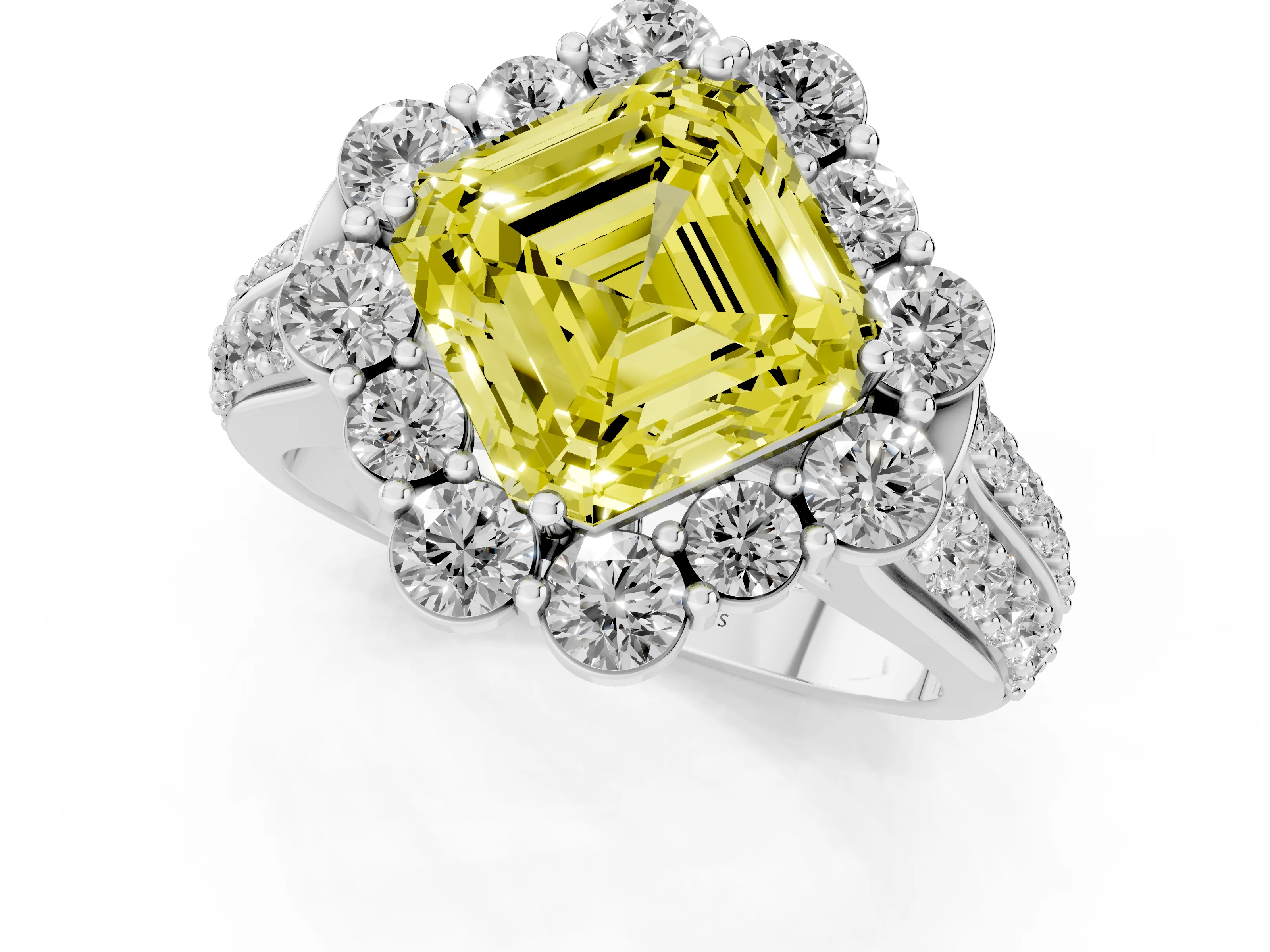Fancy Yellow Asscher Cut Diamond Halo Engagement Ring Set in Silver with Split Shank and Prong Setting