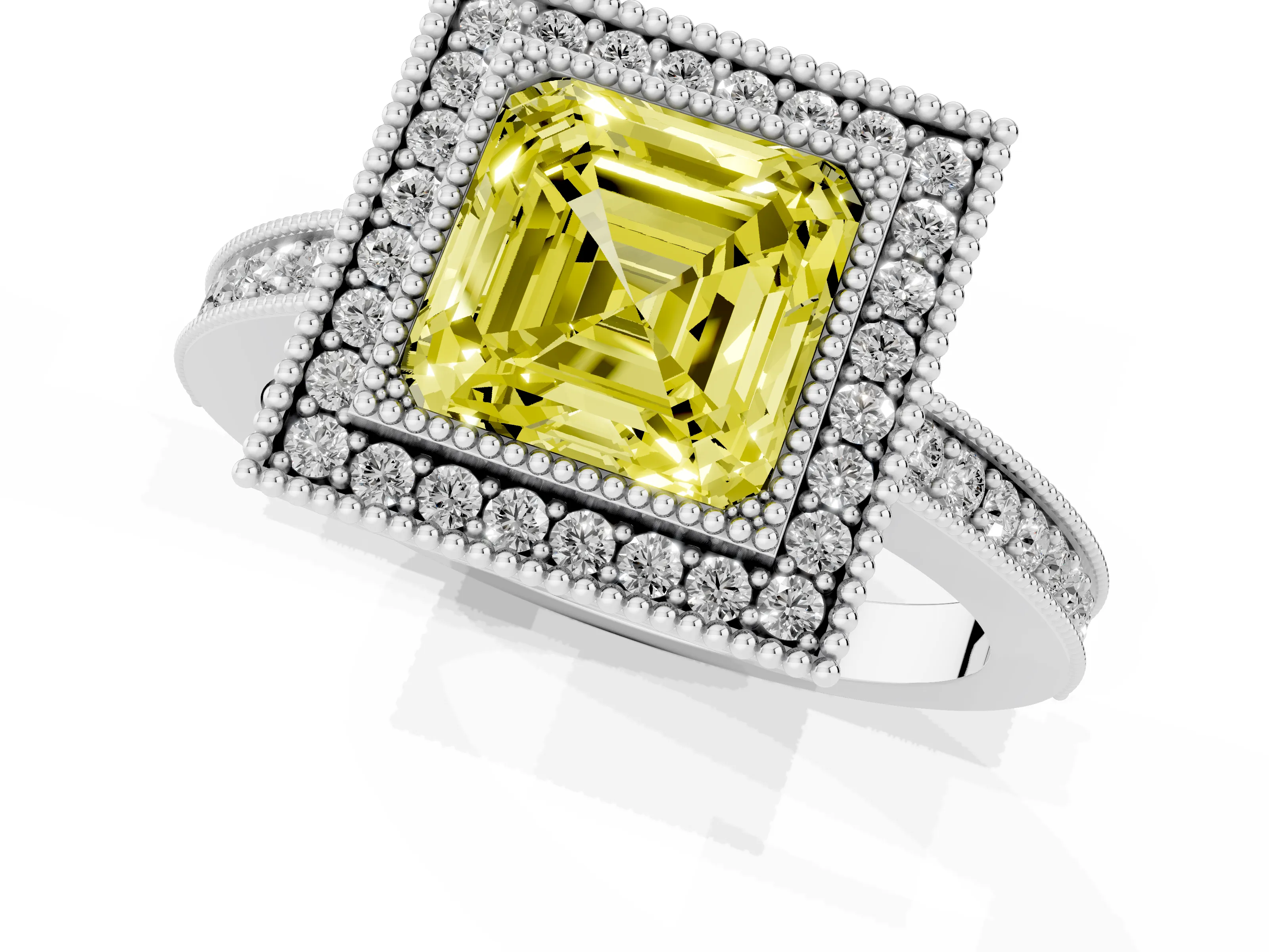 Fancy Yellow Asscher Cut Diamond Round Halo Ring Set in White gold with Pavé Band
