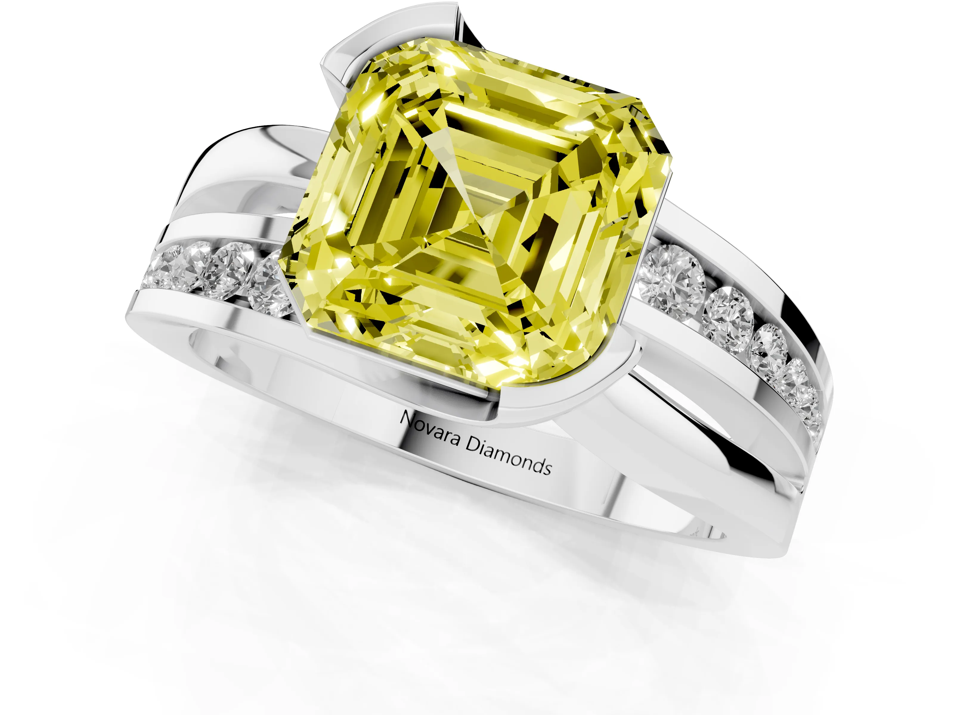 Fancy Yellow Asscher Cut Diamond Solitaire Ring Set in Silver with Channel Set Split Shank and Tension Prongs – second view