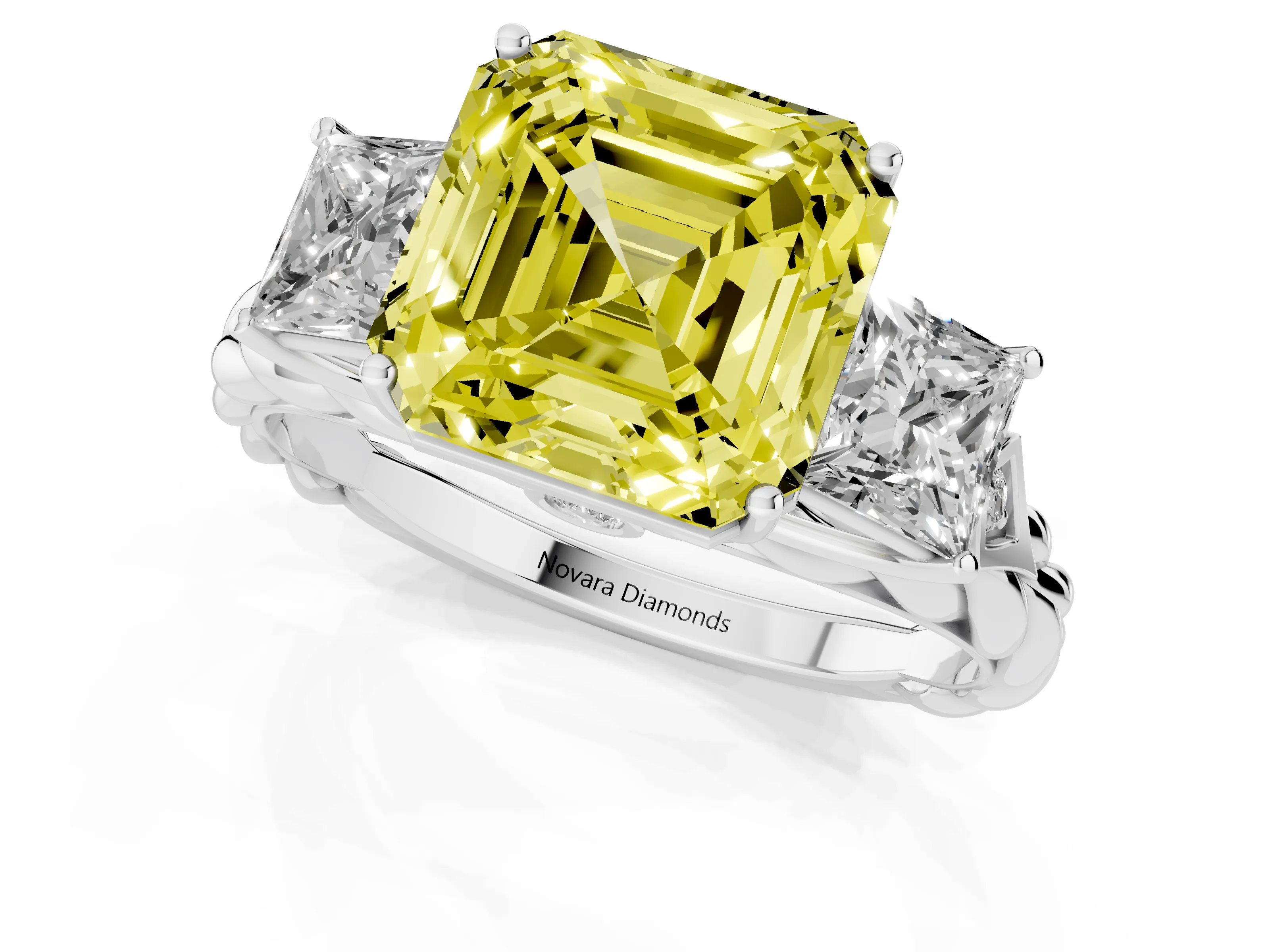Fancy Yellow Asscher Cut Diamond Three-Stone Ring Set in White gold with Braided Band
