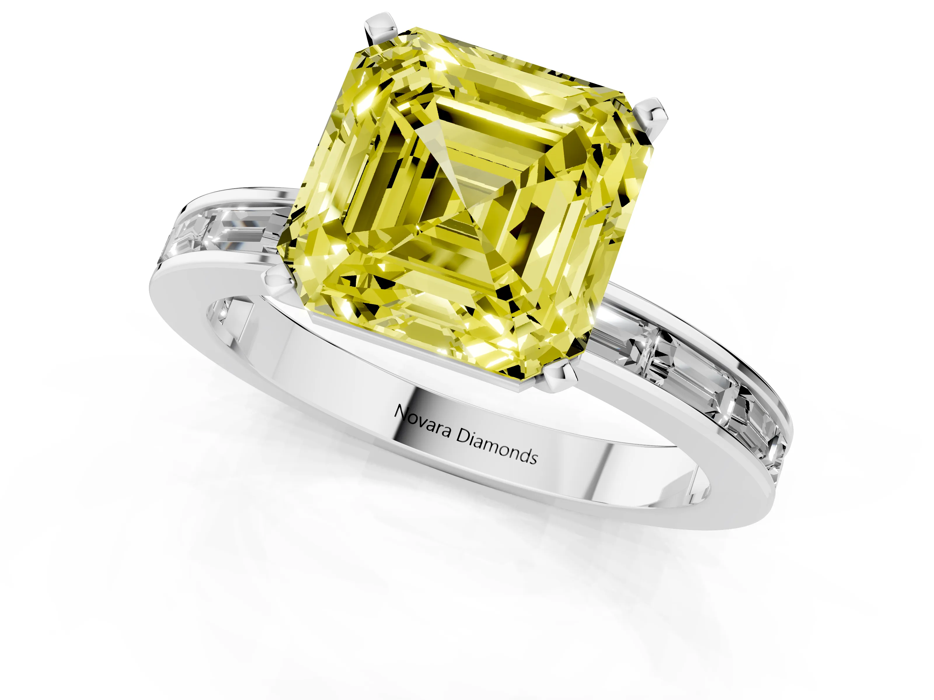 Fancy Yellow Asscher Cut Diamond Solitaire Ring Set in White gold with Channel-Set Baguette Band and Prong Setting