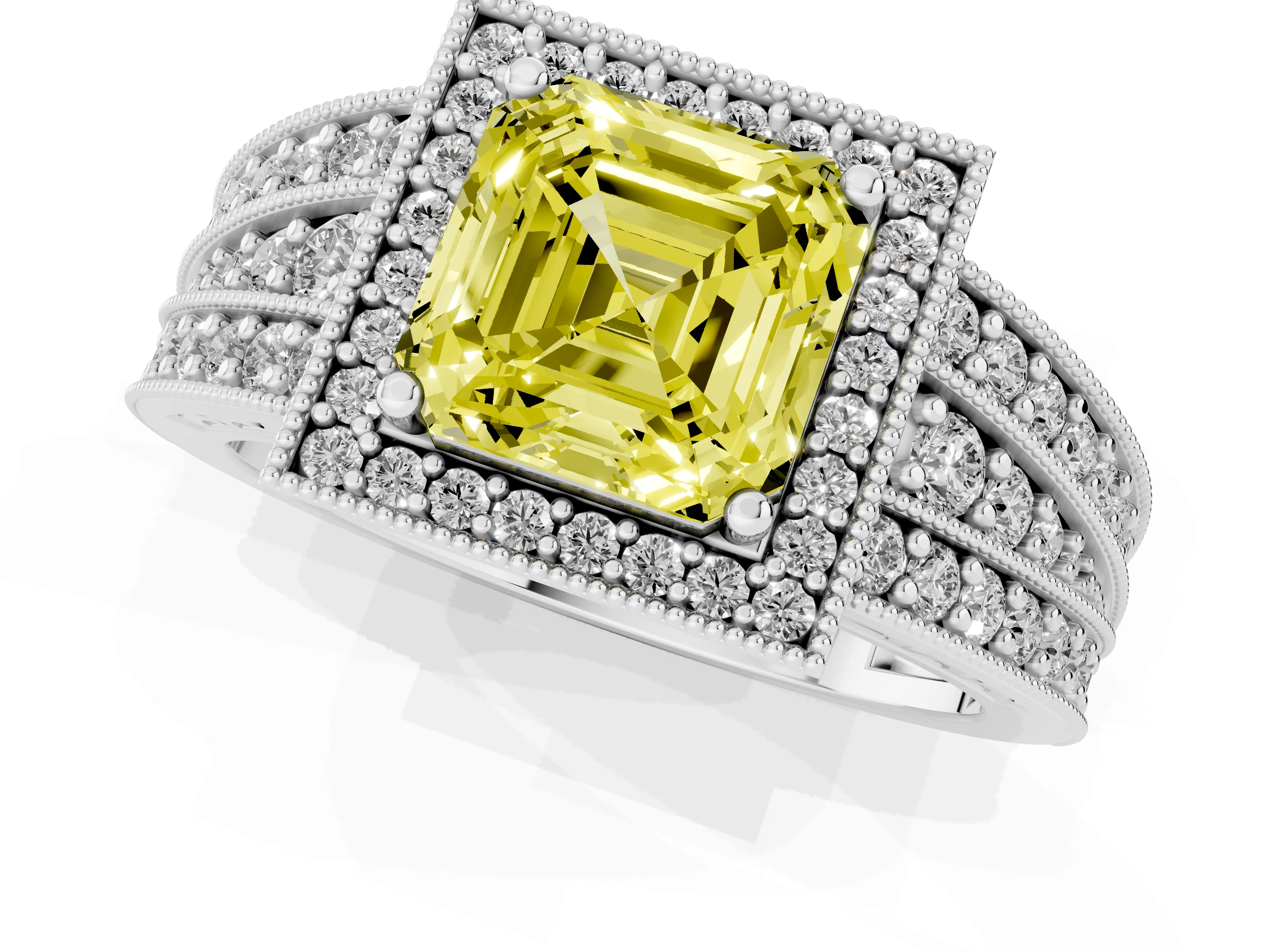 Fancy Yellow Asscher Cut Diamond Halo Ring Set in White gold with Accent Split Shank and Prong Setting