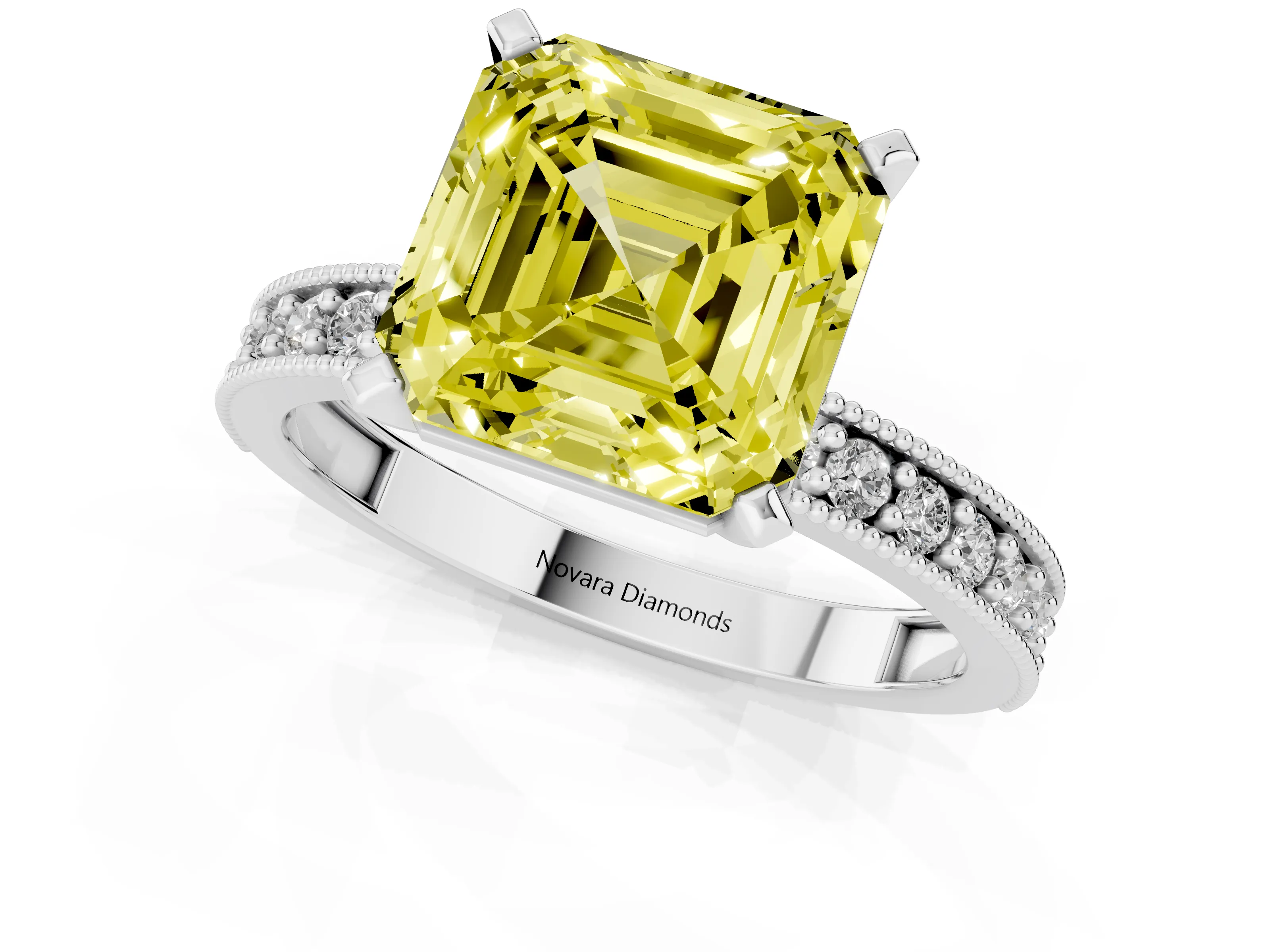 Fancy Yellow Asscher Cut Diamond Milgrain Pavé Engagement Ring Set in Silver with Prong Setting – second view