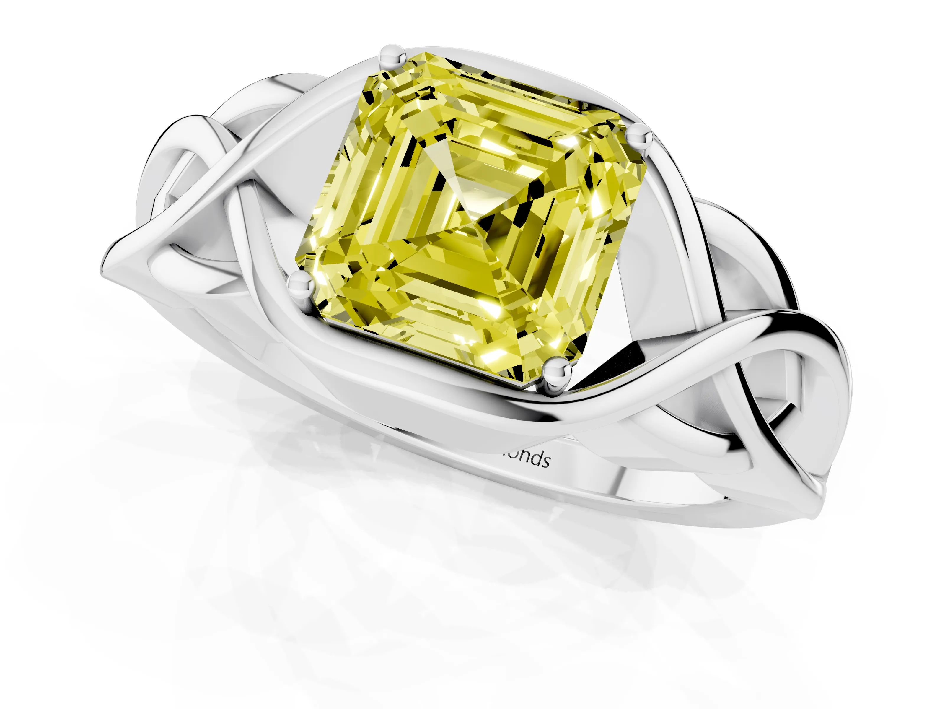 Fancy Yellow Asscher Cut Diamond Solitaire Ring Set in Silver with Intertwined Band