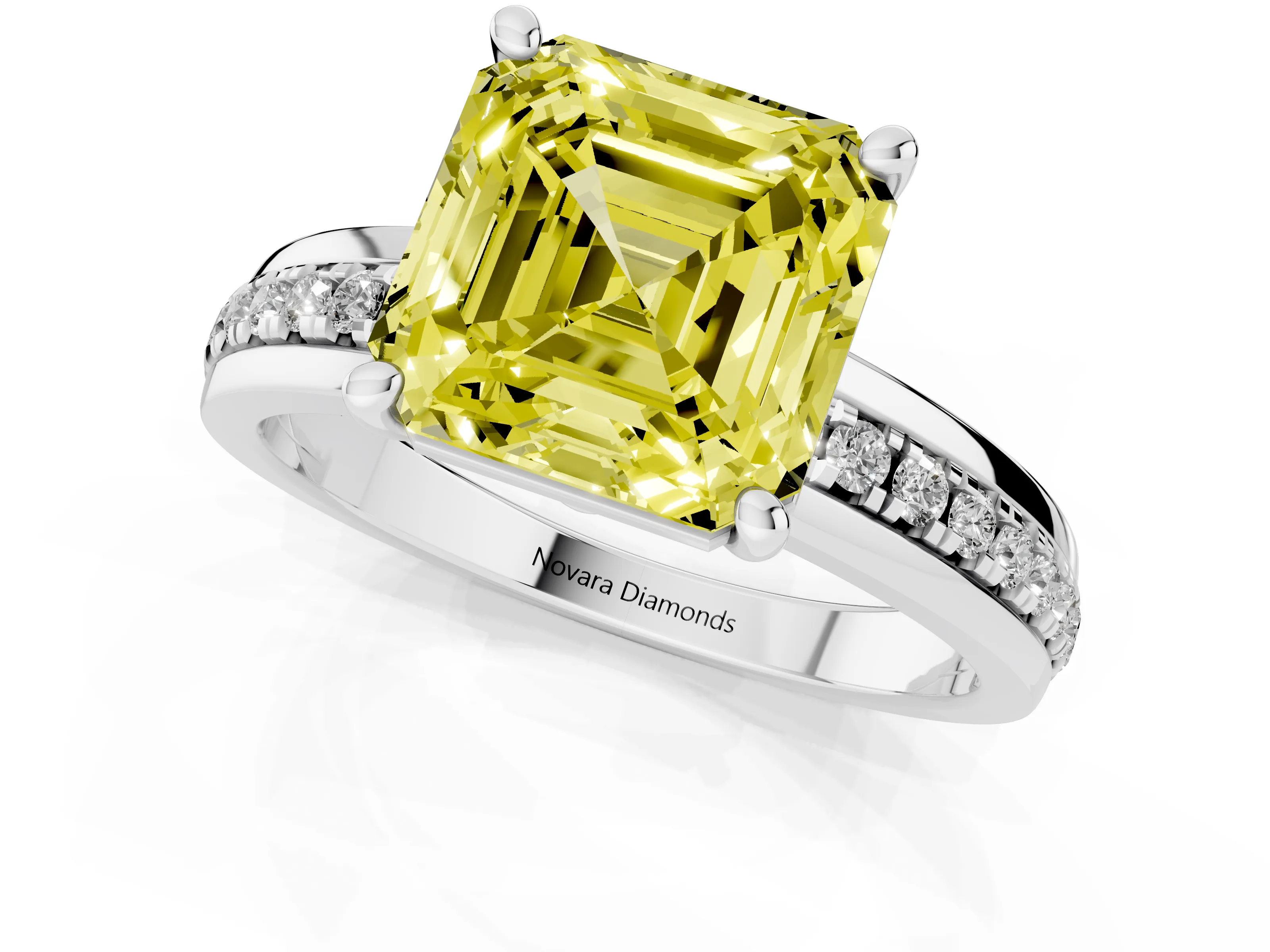 Fancy Yellow Asscher Cut Diamond Solitaire Ring Set in White gold with Channel Set Band and Prong Setting