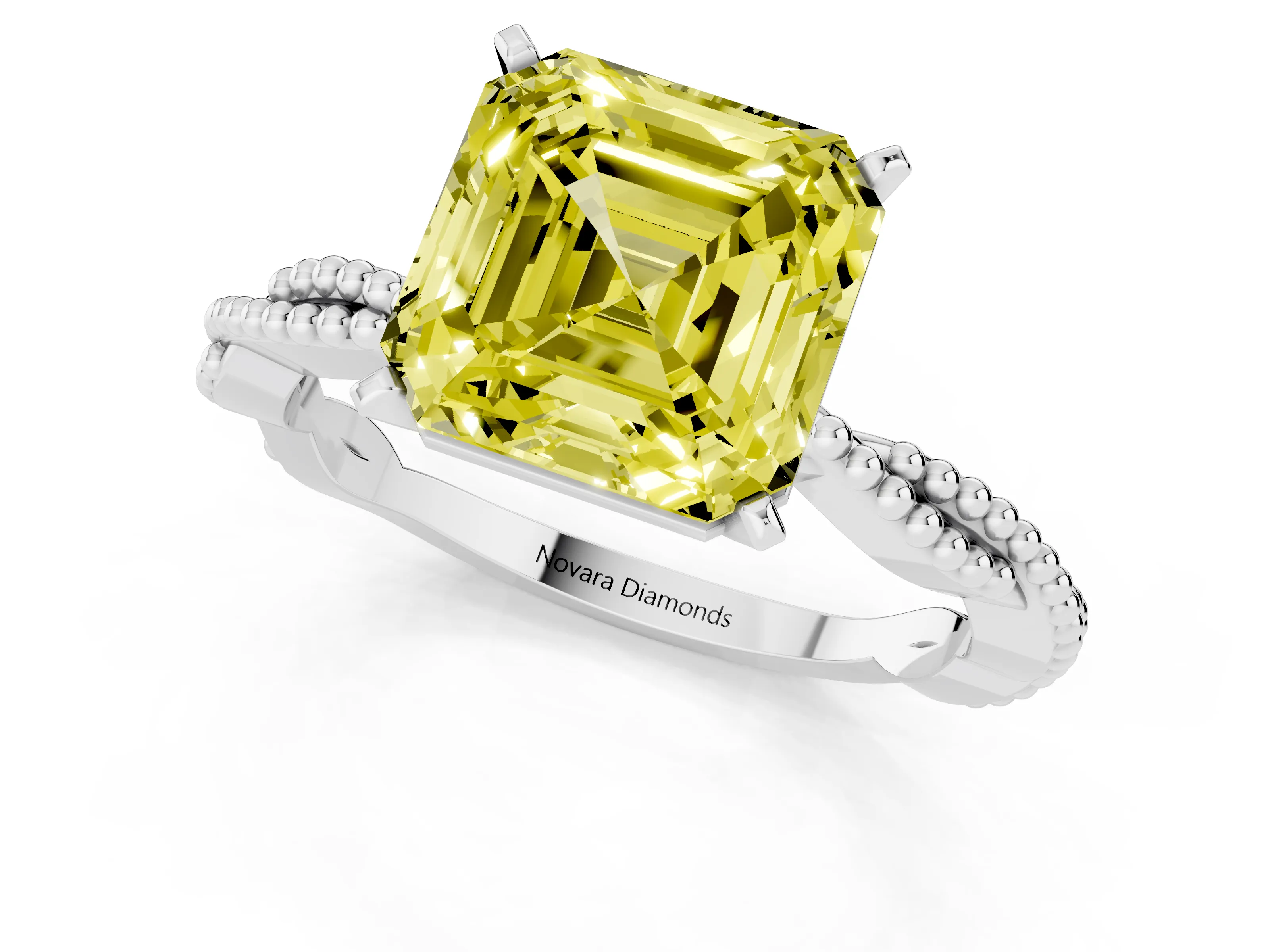 Fancy Yellow Asscher Cut Diamond Solitaire Ring Set in Platinum with Twisted Band and Bead Prong Setting