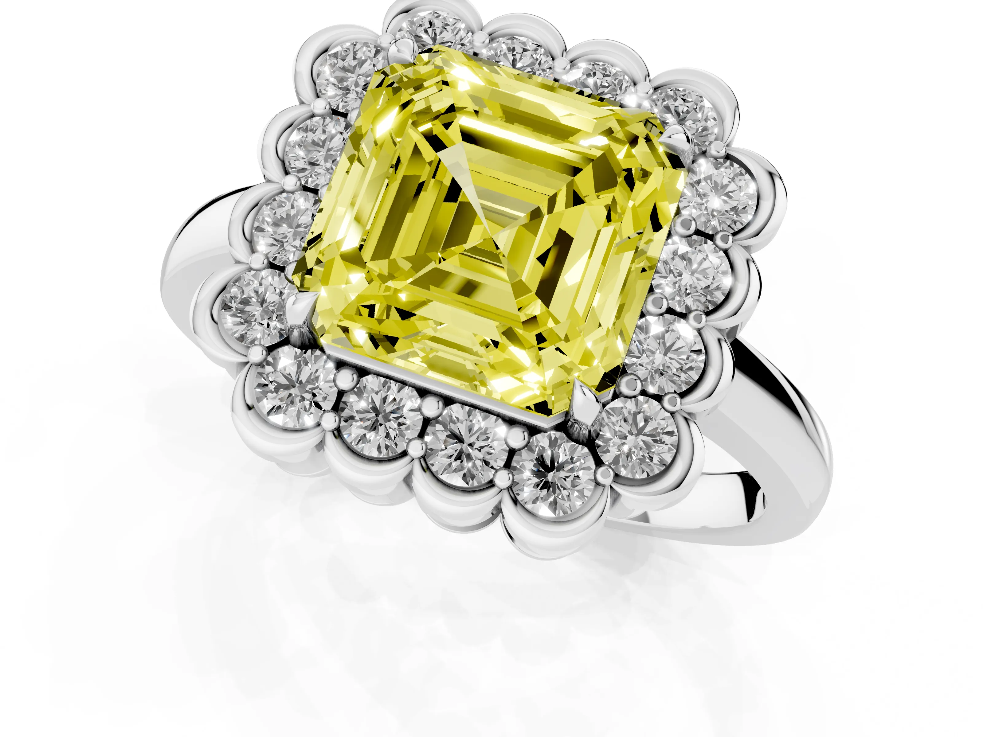 Fancy Yellow Asscher Cut Diamond Halo Cluster Engagement Ring Set in Platinum with Solitaire Band and Prong Setting