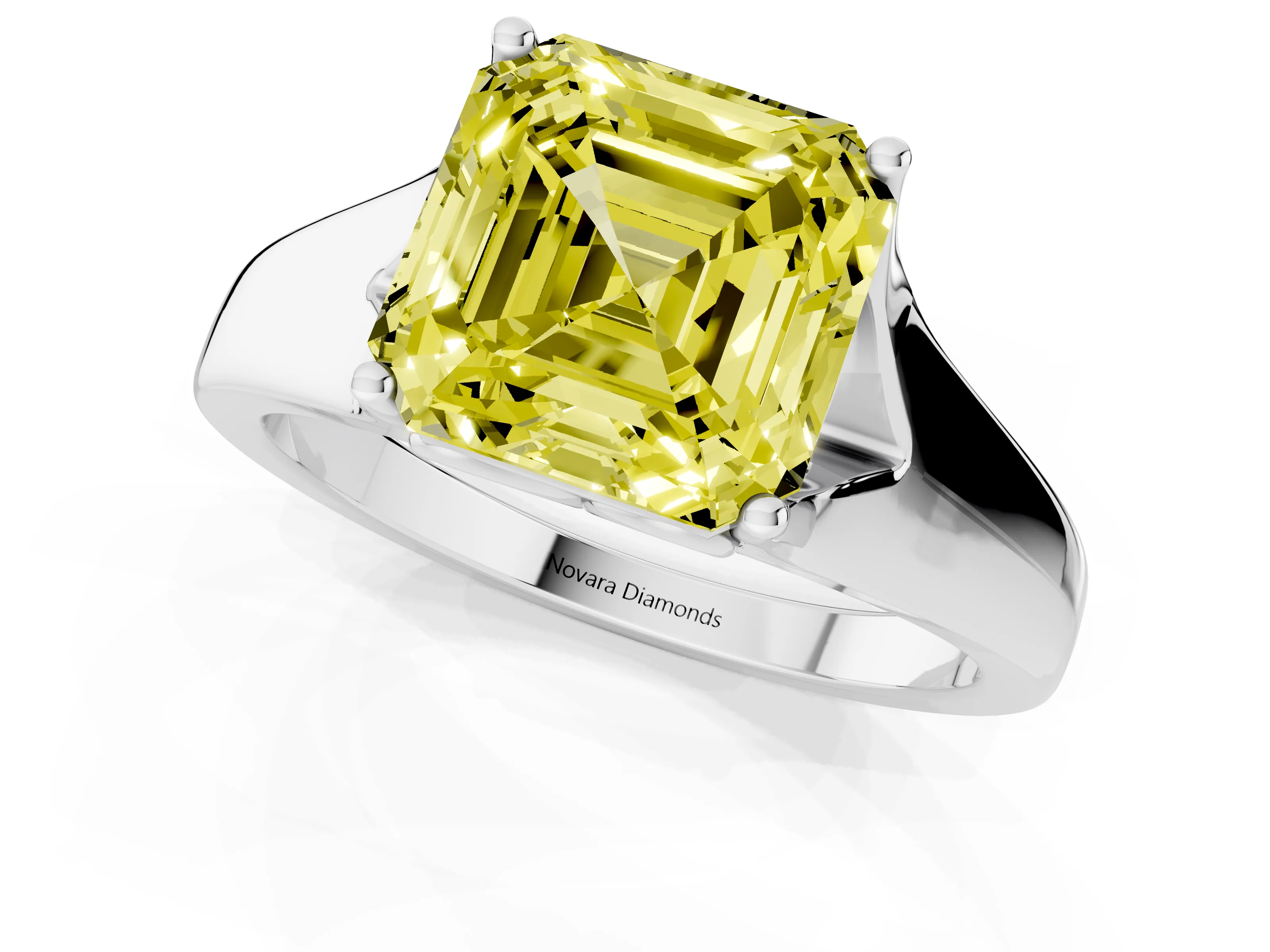 Fancy Yellow Asscher Cut Diamond Solitaire Ring Set in Platinum with Arched Cathedral Band and Prong Setting