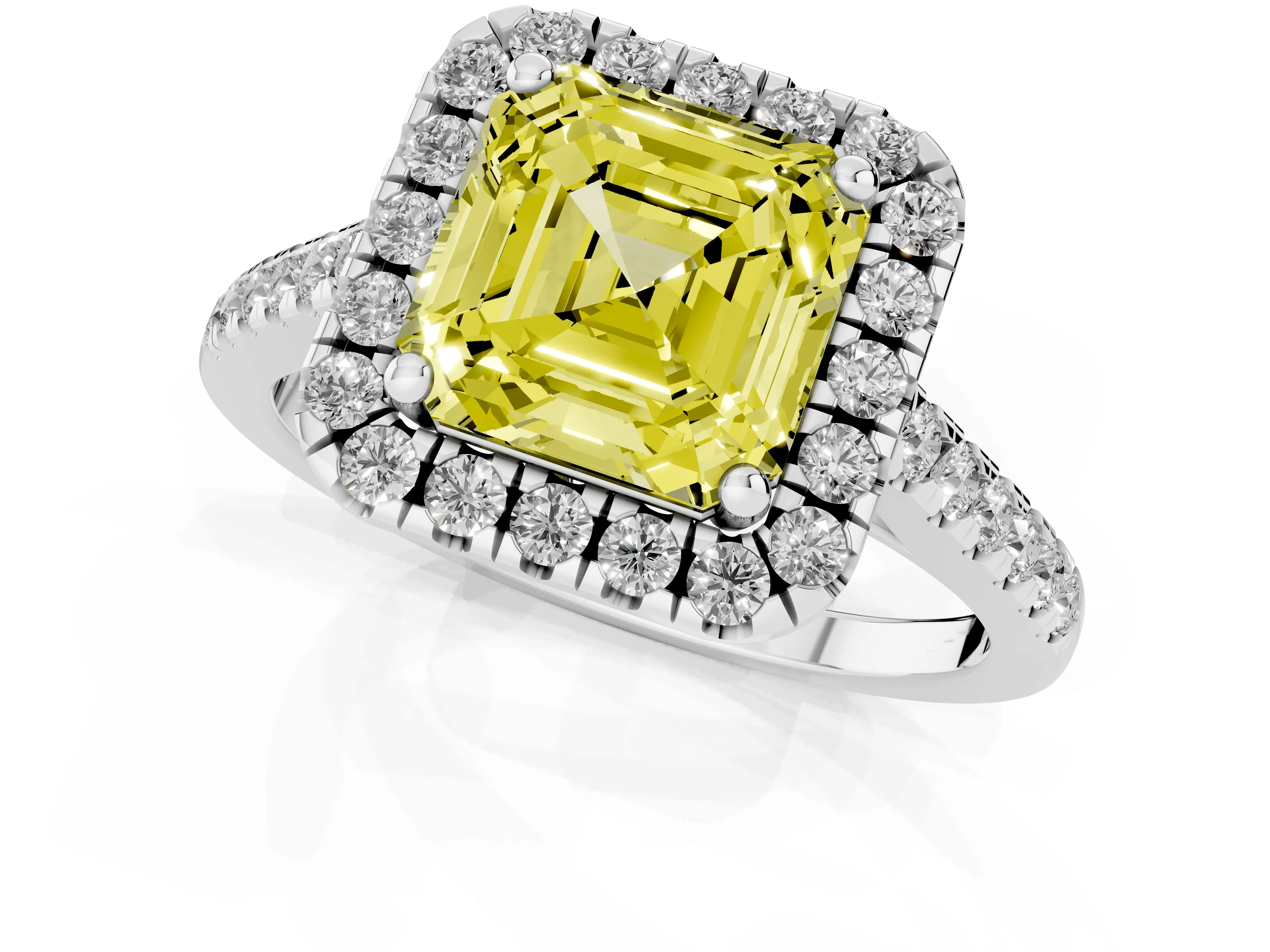 Fancy Yellow Asscher Cut Diamond Pavé Halo Engagement Ring Set in White gold with Pavé Band and Prong Setting